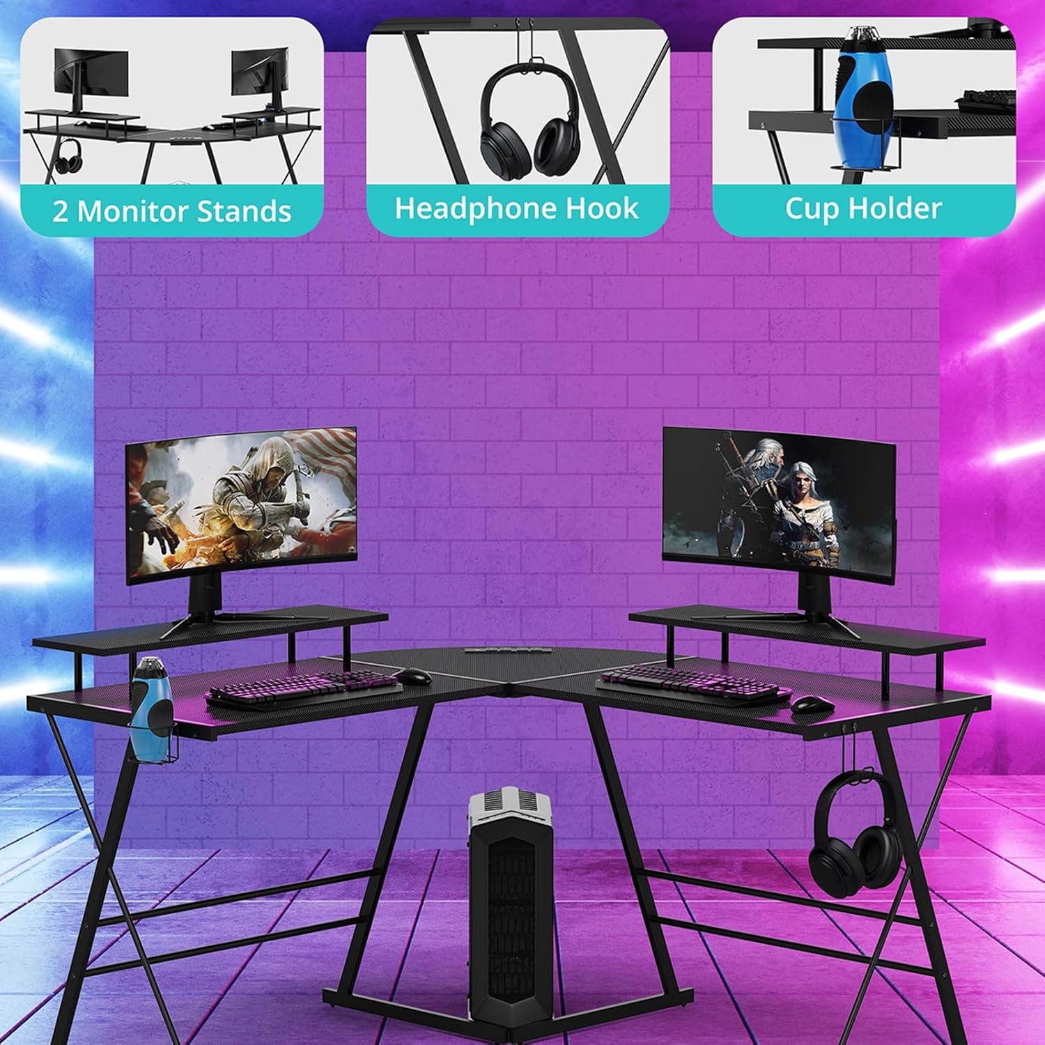 Escritorio para juegos en forma de L con tiras LED y 4 enchufes de alimentación integrados y 2 puertos de salida USB, escritorio reversible para