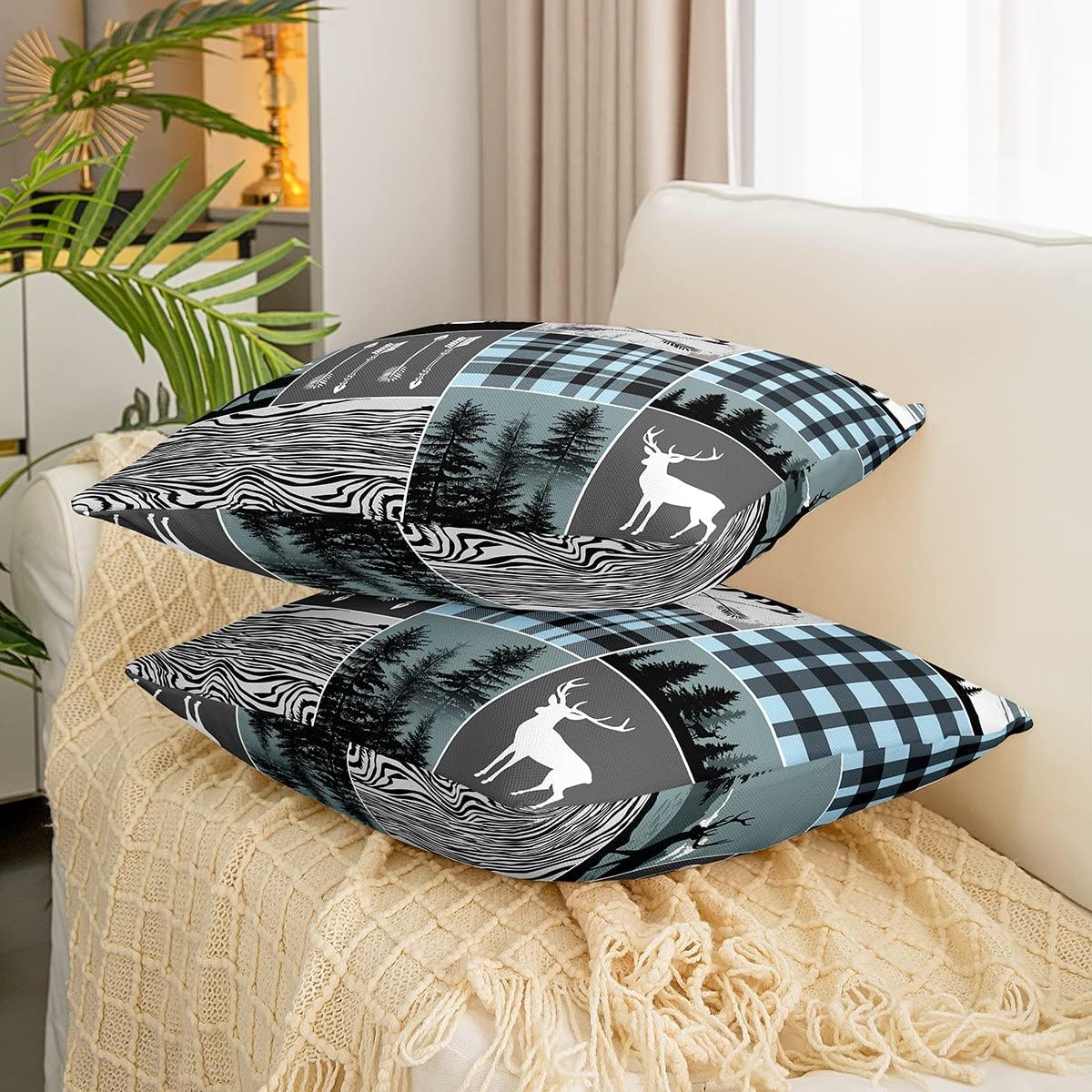 Juego de 2 fundas de almohada decorativas de granja rústica de 24 x 24 pulgadas, fundas de almohada de retazos de oso y alce, fundas de cojín de