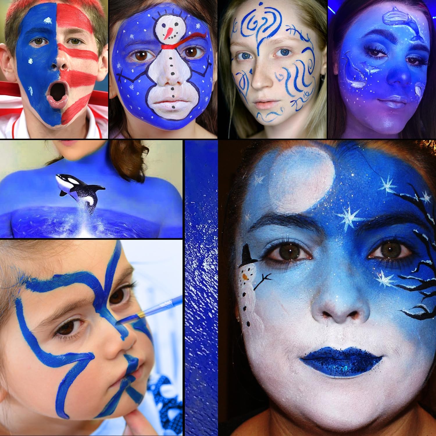 DE’LANCI Pintura facial roja, blanca y azul, pintura facial y corporal de EE. UU., maquillaje de payaso, pintura al óleo de crema de copo de nieve