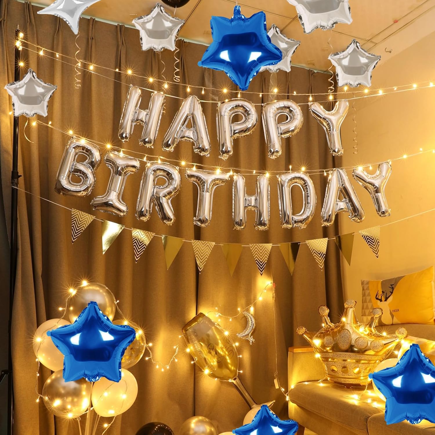 Cartel de feliz cumpleaños, 13 letras de papel de aluminio de Mylar de 16 pulgadas con 12 globos de estrella, decoraciones de fiesta de cumpleaños