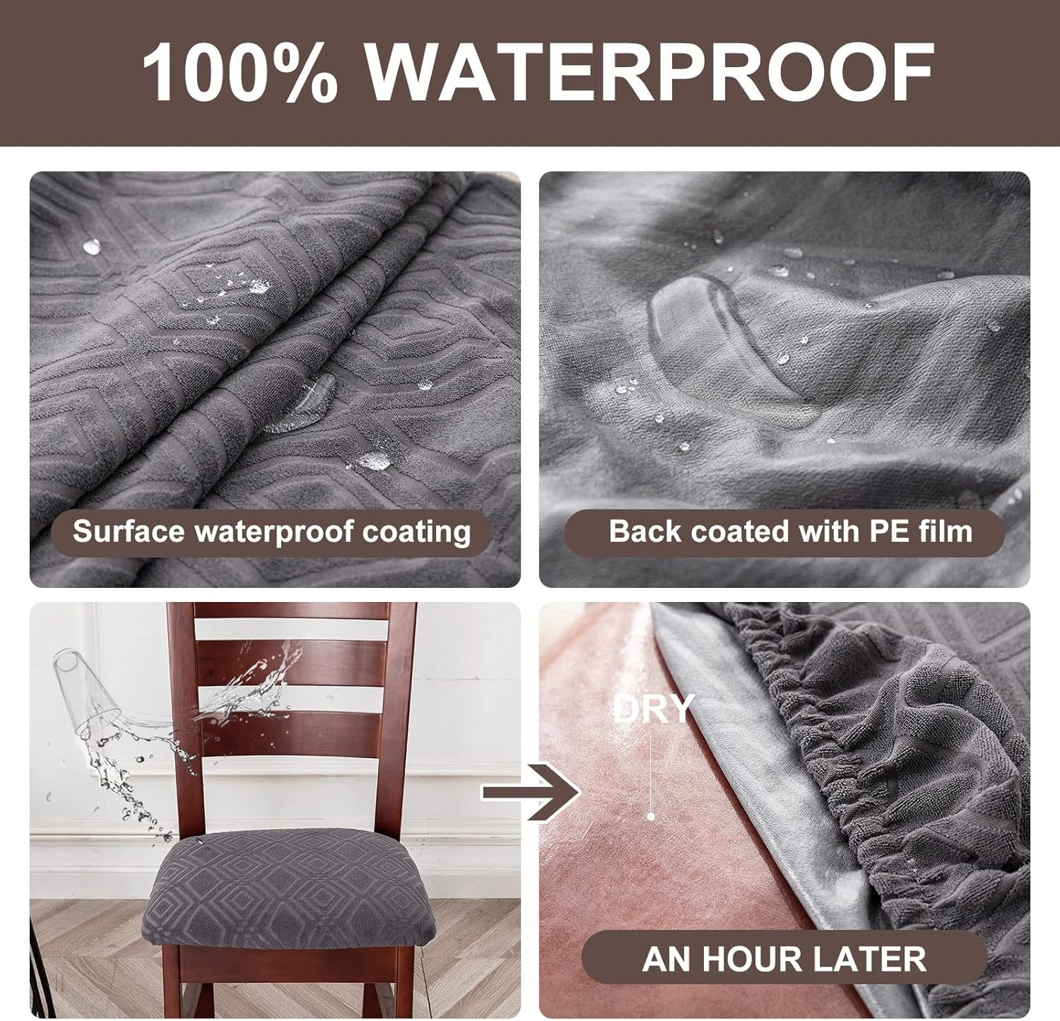 Genina Juego de 4 fundas de asiento impermeables para sillas de comedor, fundas protectoras elásticas para silla de comedor, para cocina, hotel (4,