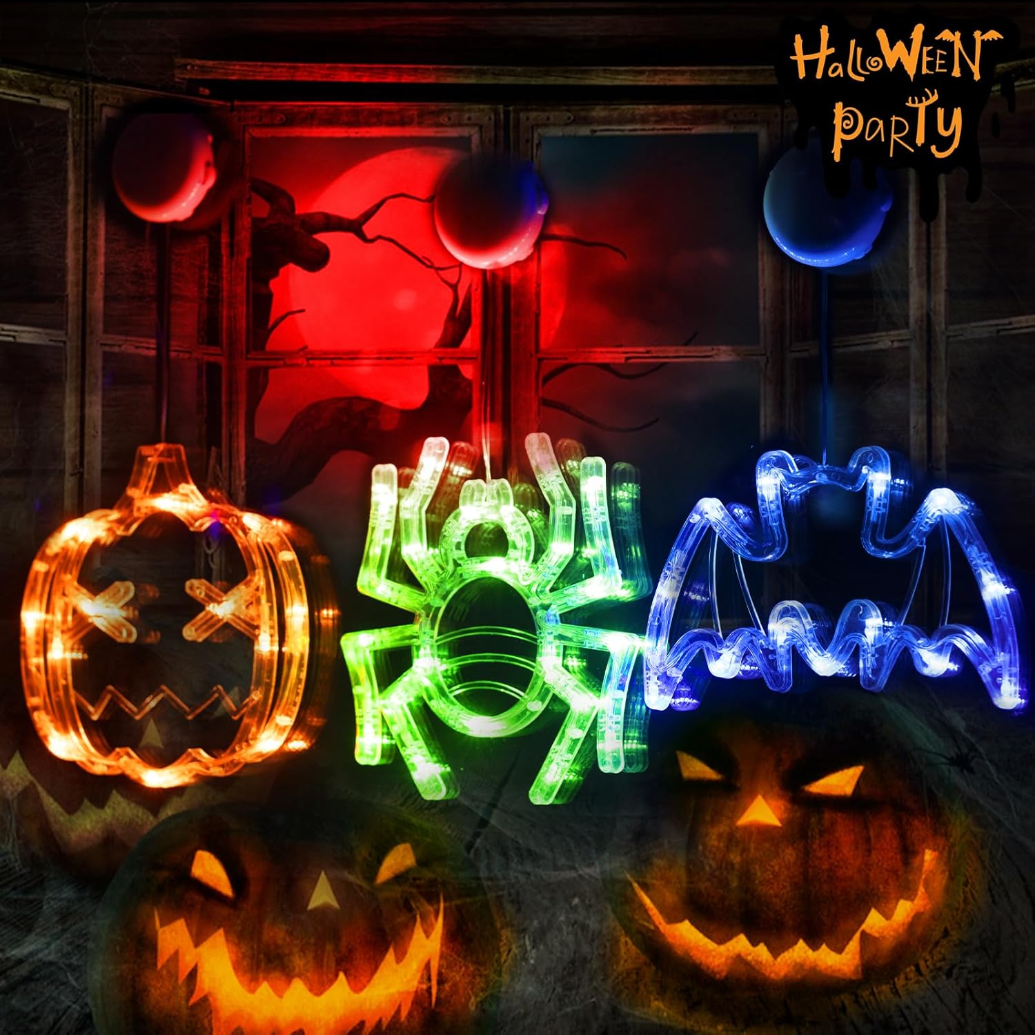 Luces de Halloween para ventana de Halloween, decoración de interiores de calabaza, araña y murciélago, decoración de pared al aire libre, funciona