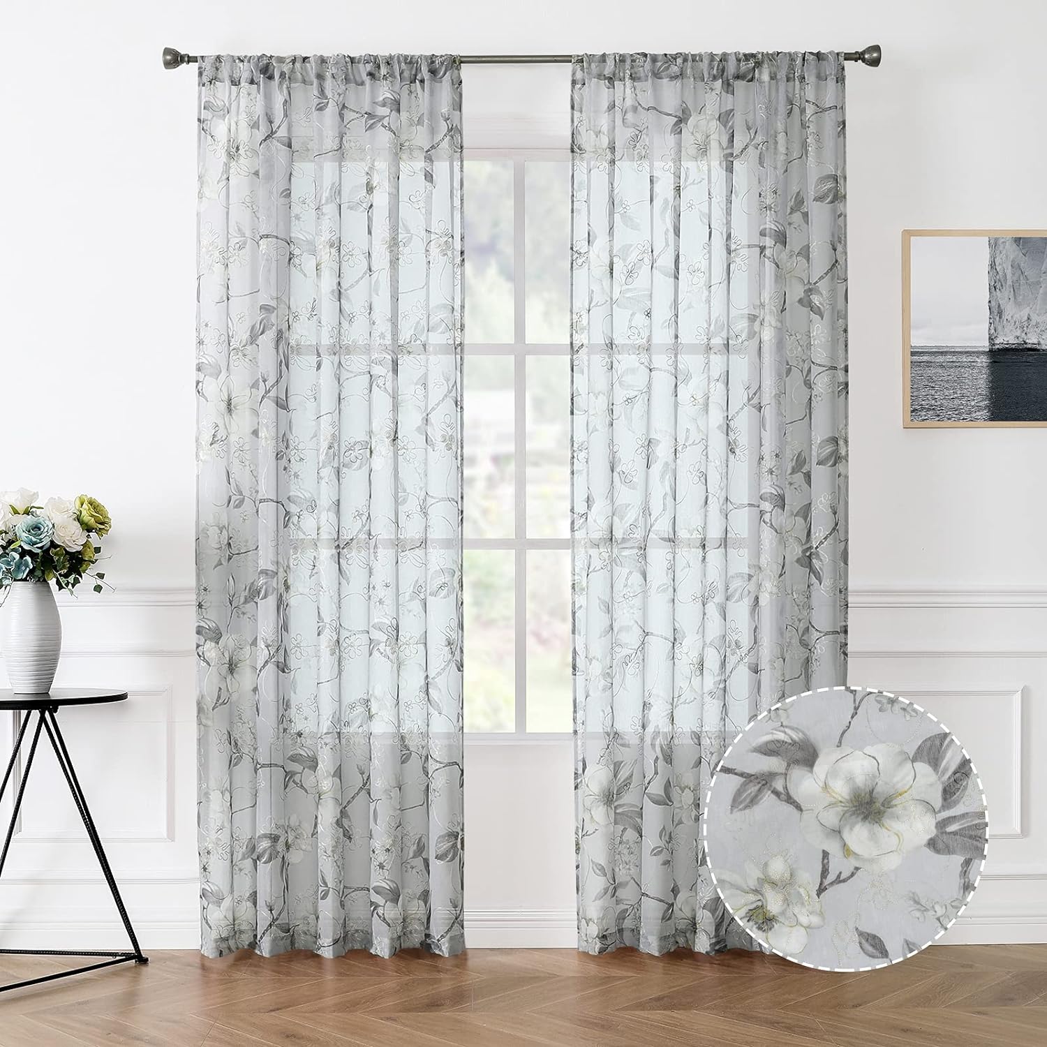Tollpiz – Cortinas de gasa transparentes, hechas de lino sintético, bordadas, con diseño de hojas y flores, para dormitorio o sala de estar, juego