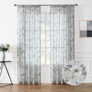 Tollpiz – Cortinas de gasa transparentes, hechas de lino sintético, bordadas, con diseño de hojas y flores, para dormitorio o sala de estar, juego Tollpiz – Cortinas de gasa transparentes, hechas de lino sintético, bordadas, con diseño de hojas y flores, para dormitorio o sala de estar, juego