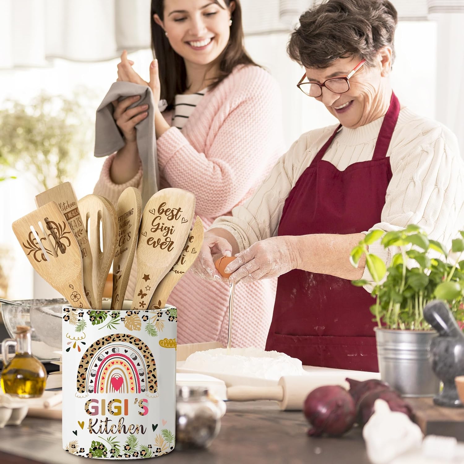 Gigi Gifts – Soporte para utensilios de cerámica para cocinar con cucharas de madera, regalos del día de la madre para Gigi de nietos, regalos de