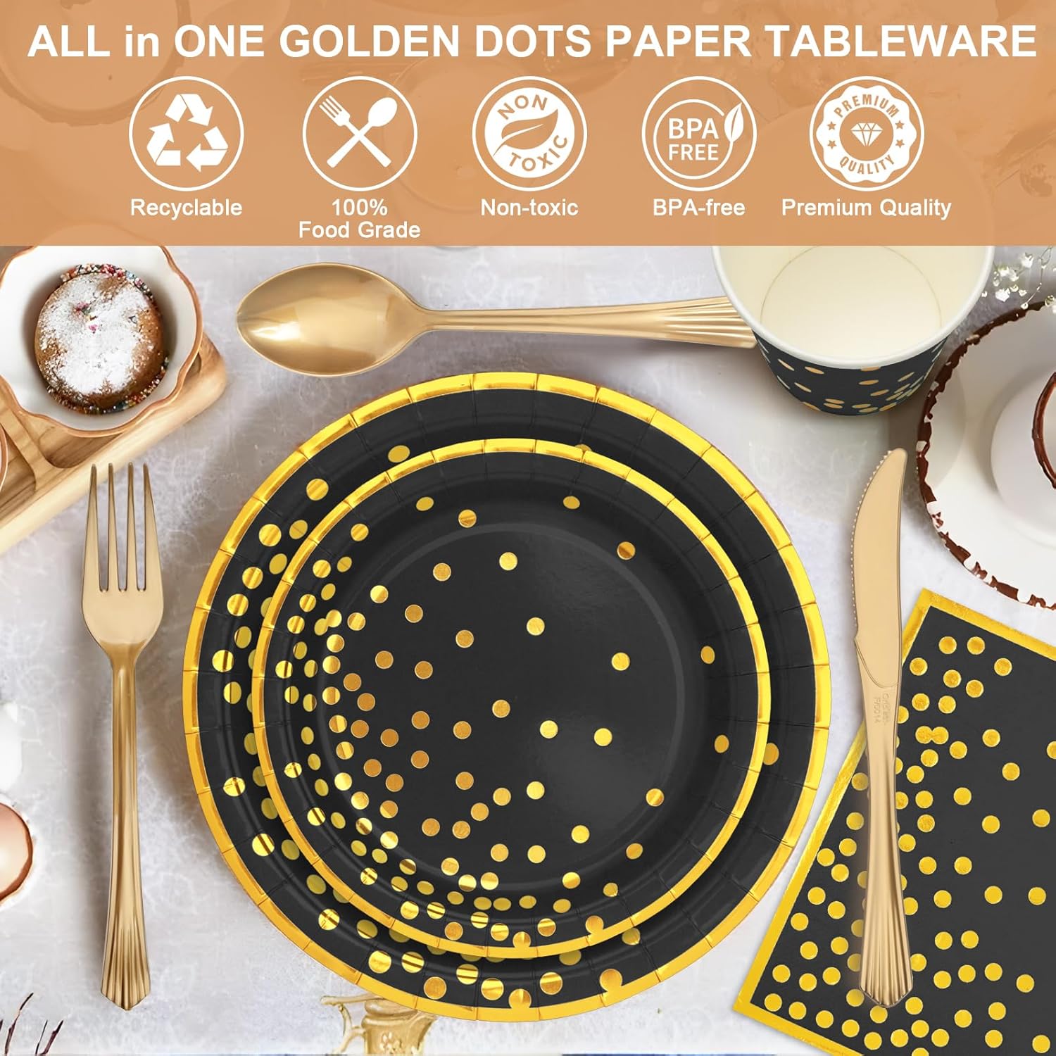CENLBJ Black and Gold Party Supplies-Golden Dot Paper Plates,Black Napkins&Cups and Plastic Utensils,Gold Rim Disposable Paper Tableware for