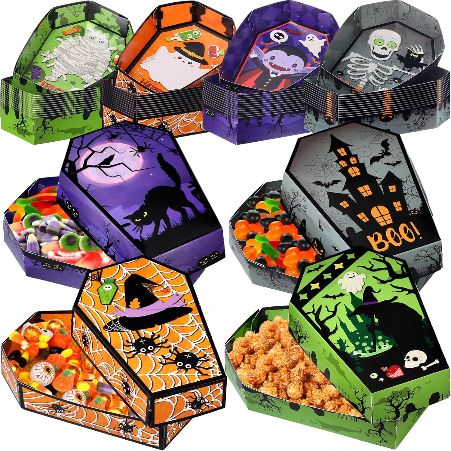 48 bandejas de papel desechables de Halloween para ataúd de Halloween, bandejas para nachos, cesta de servir truco o trato, botes de comida