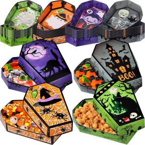 48 bandejas de papel desechables de Halloween para ataúd de Halloween, bandejas para nachos, cesta de servir truco o trato, botes de comida 48 bandejas de papel desechables de Halloween para ataúd de Halloween, bandejas para nachos, cesta de servir truco o trato, botes de comida