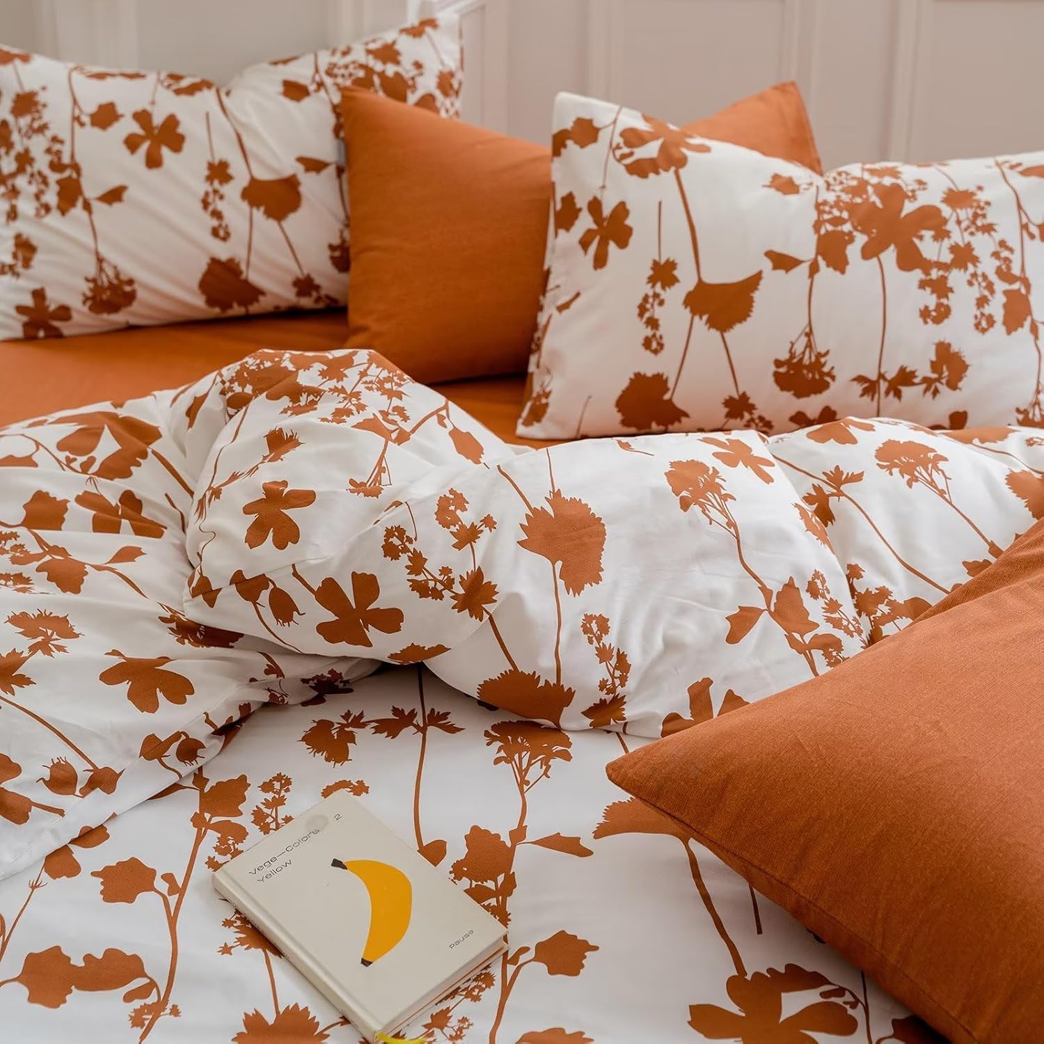 BuLuTu Juego de funda de edredón con diseño de hojas naranjas quemadas, estampado botánico, blanco, 100% algodón, juego de ropa de cama estética,