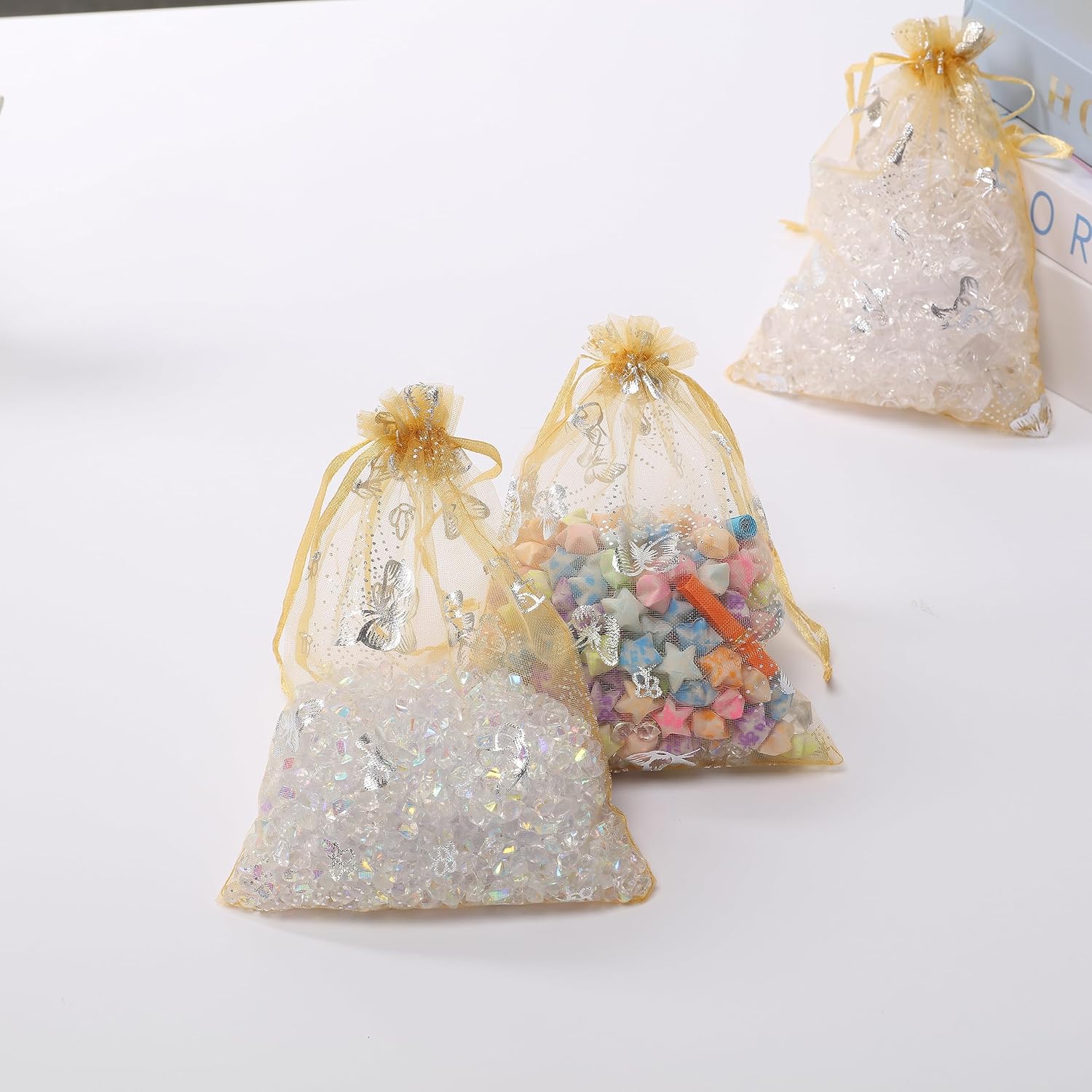 J&Rey Home – 100 bolsas de regalo de organza con diseño de mariposa, bolsa para dulces, bolsa con cordón para regalos de boda (5 x 7 pulgadas,