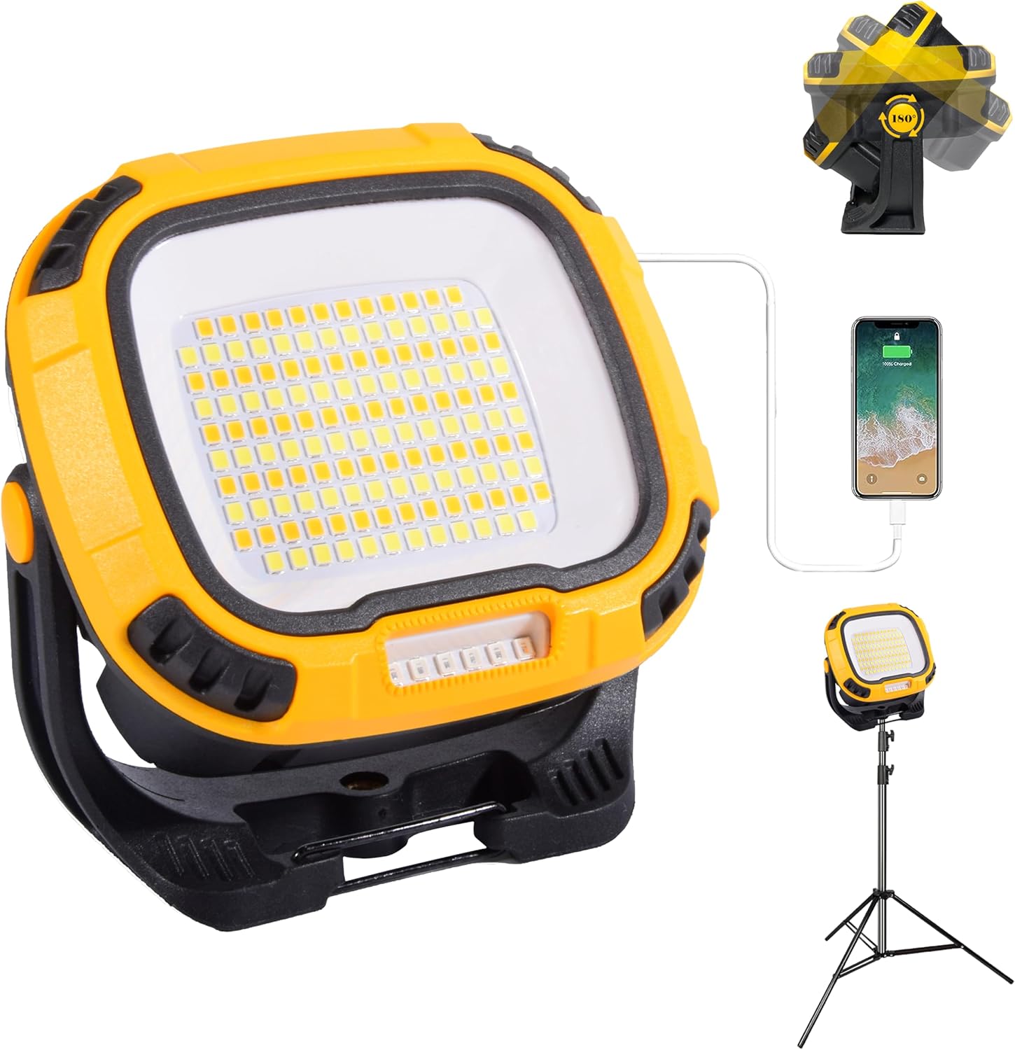 Luz de trabajo LED magnética, 50 W, 5000 lúmenes, luz de inundación portátil inalámbrica con modo SOS de emergencia, 4 niveles de brillo ajustable,