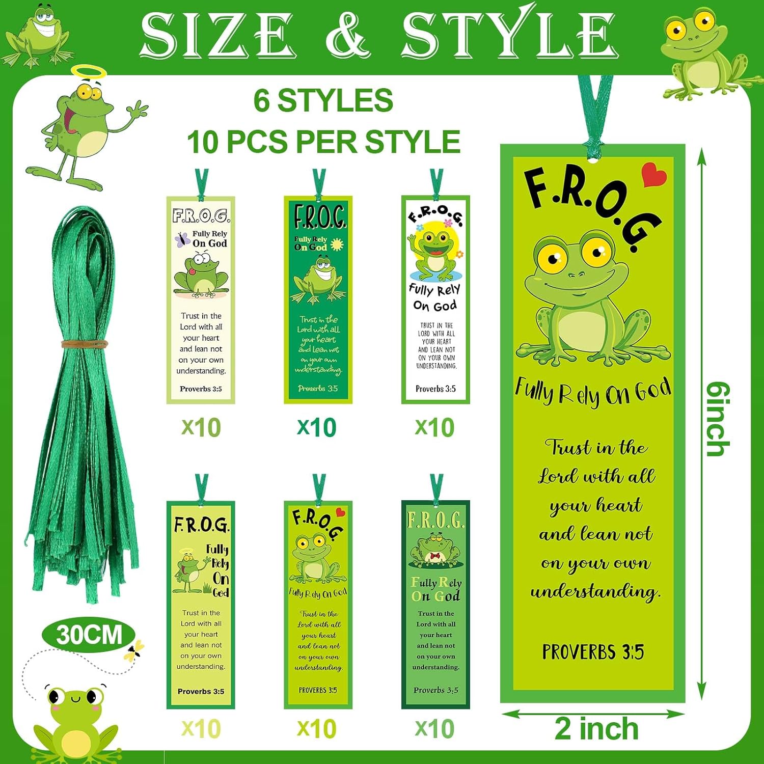 60 marcapáginas con texto en inglés “Rely On God Frog” F. R. O. G. Cristiano con versículos bíblicos, regalo para niños, marcadores inspiradores