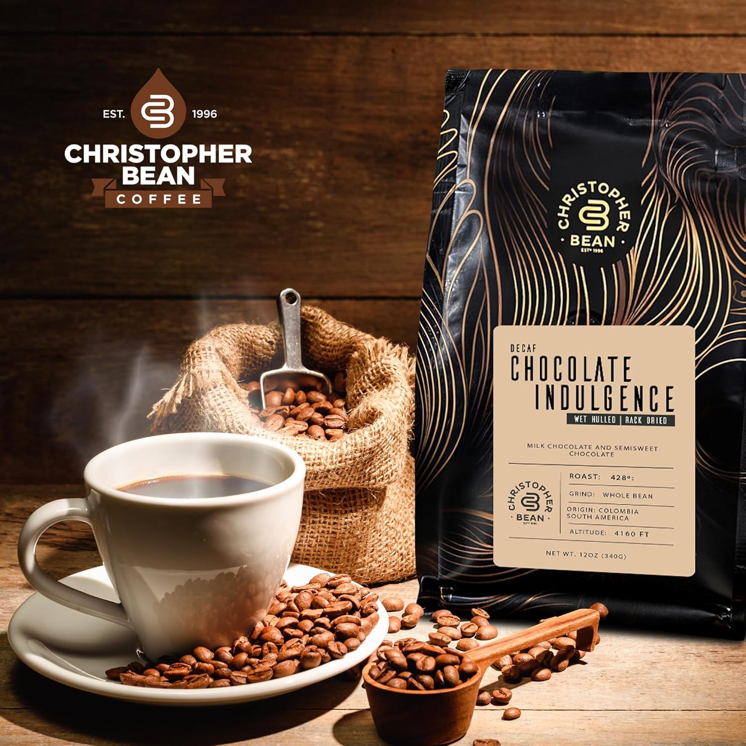 Café con sabor a chocolate Indulgence (grano entero normal) 100% arábica, sin azúcar, sin grasas, hecho con sabores sin OMG, bolsa de 12 onzas de