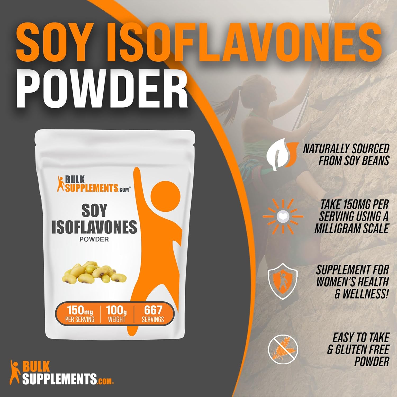BULKSUPPLEMENTS.COM Polvo de isoflavonas de soja, isoflavonas de soja de 150 mg, suplemento de isoflavonas para mujeres, para apoyo óseo, puro y sin