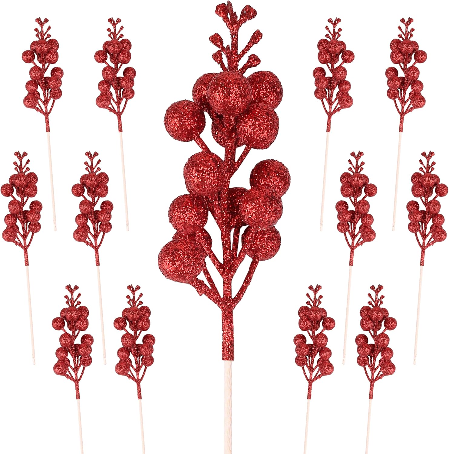 12 piezas de bayas de Navidad, tallos artificiales de bayas rojas con purpurina de 9 pulgadas, púas de Navidad, bayas rojas para árbol de Navidad,