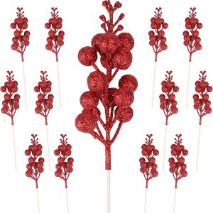 12 piezas de bayas de Navidad, tallos artificiales de bayas rojas con purpurina de 9 pulgadas, púas de Navidad, bayas rojas para árbol de Navidad, 12 piezas de bayas de Navidad, tallos artificiales de bayas rojas con purpurina de 9 pulgadas, púas de Navidad, bayas rojas para árbol de Navidad,