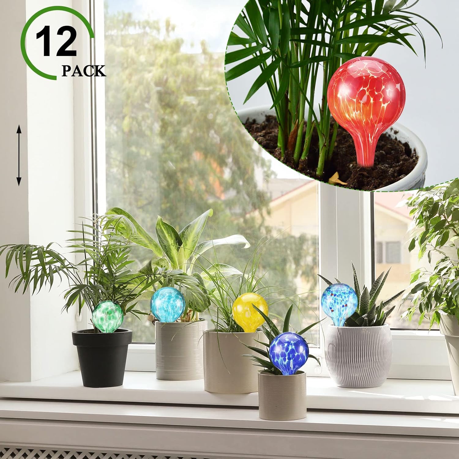 12 globos de riego multicolores, dispositivos de vidrio para riego de plantas, soplados a mano, pequeños insertos de riego automático para plantas