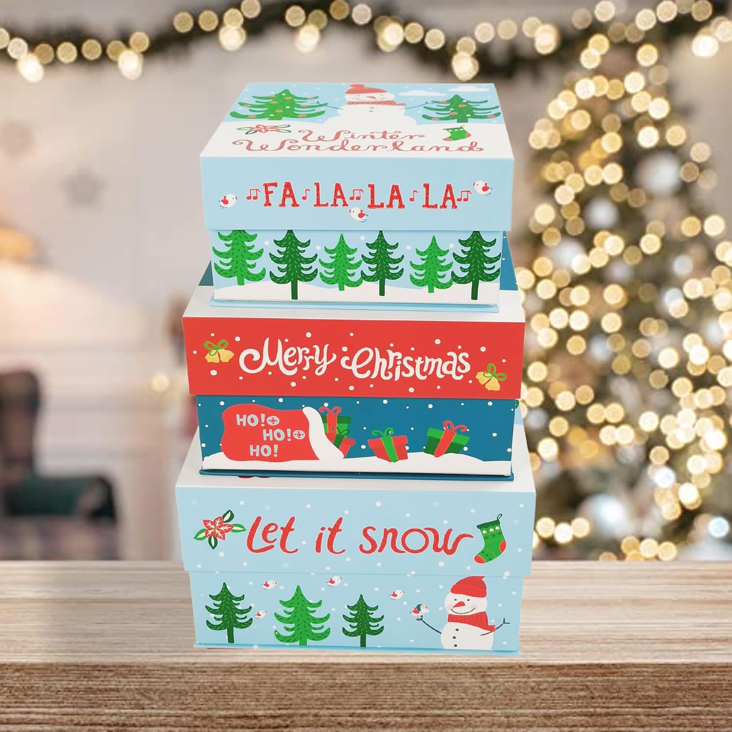 VOTUM Juego de 3 cajas de almacenamiento anidables para las fiestas, contenedores decorativos de cartón apilables con tapas ajustadas y refranes de