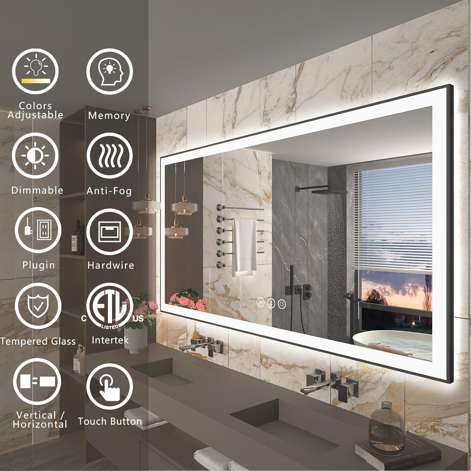 Espejo de baño LED enmarcado de 72 x 40 pulgadas, espejo de tocador grande iluminado para pared, regulable, antivaho, a prueba de roturas, memoria