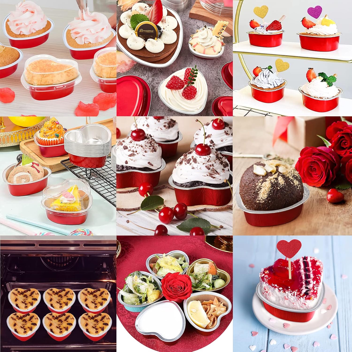 AXZTYYLA – Paquete de 50 moldes para pasteles en forma de corazón, de papel de aluminio, de 3.4 onzas, con tapas y cucharas, forros desechables para