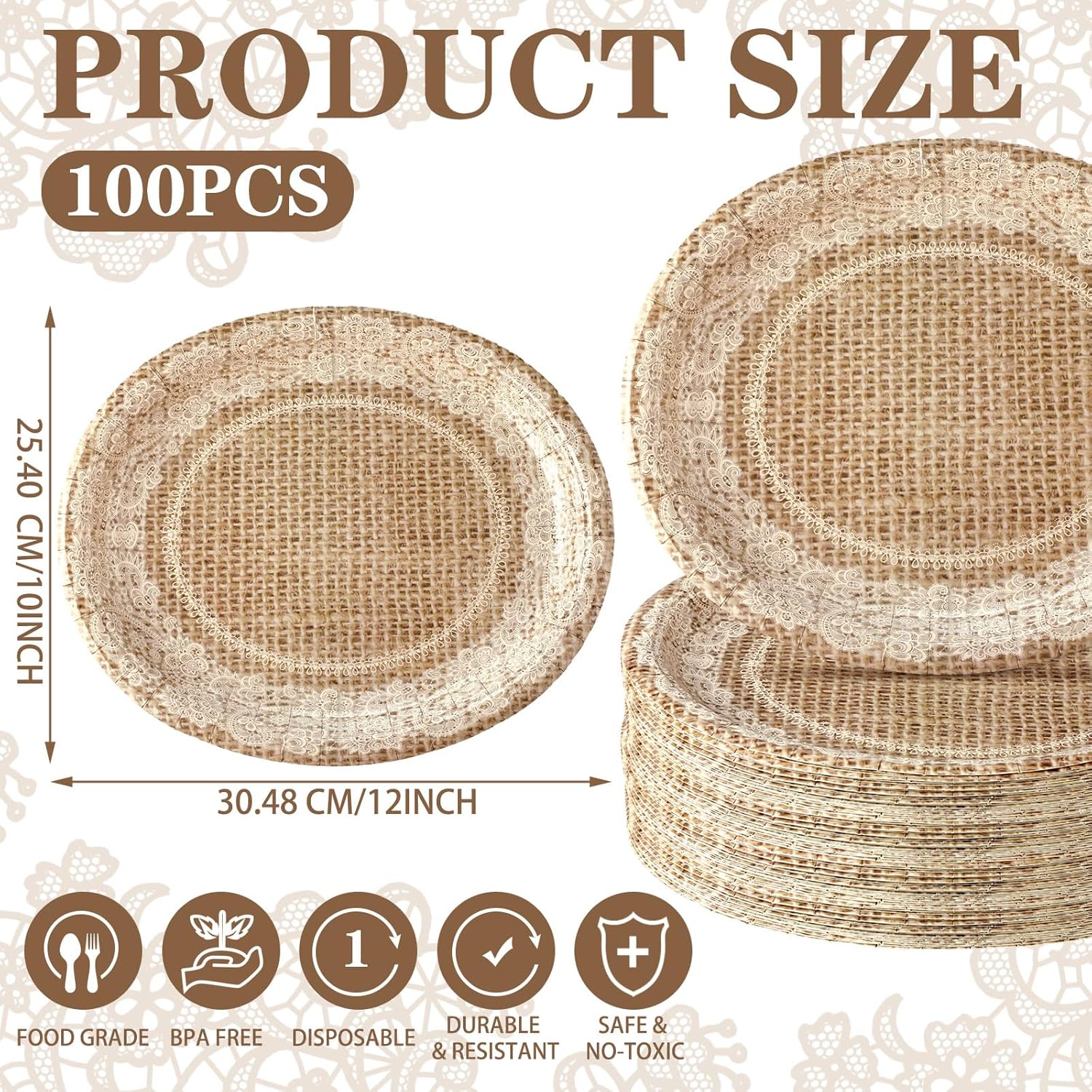 Tioncy 100 platos ovalados desechables de encaje de arpillera, decoraciones de fiesta de despedida de soltera, 10 x 12 pulgadas, platos de papel