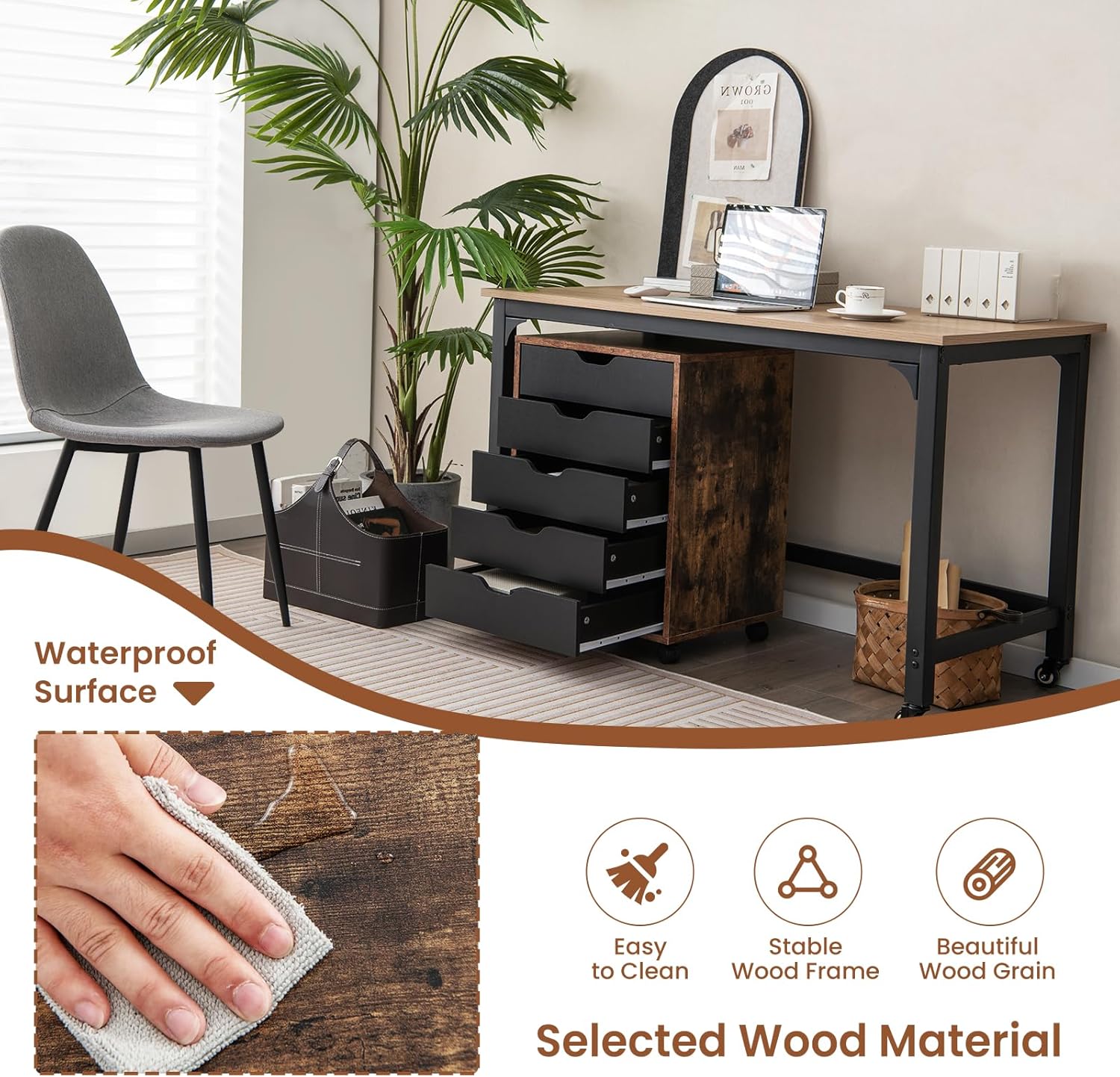 Giantex Cómoda de 5 cajones para almacenamiento de dormitorio, cajón de almacenamiento con ruedas con cerradura, cómoda de maquillaje, organizador