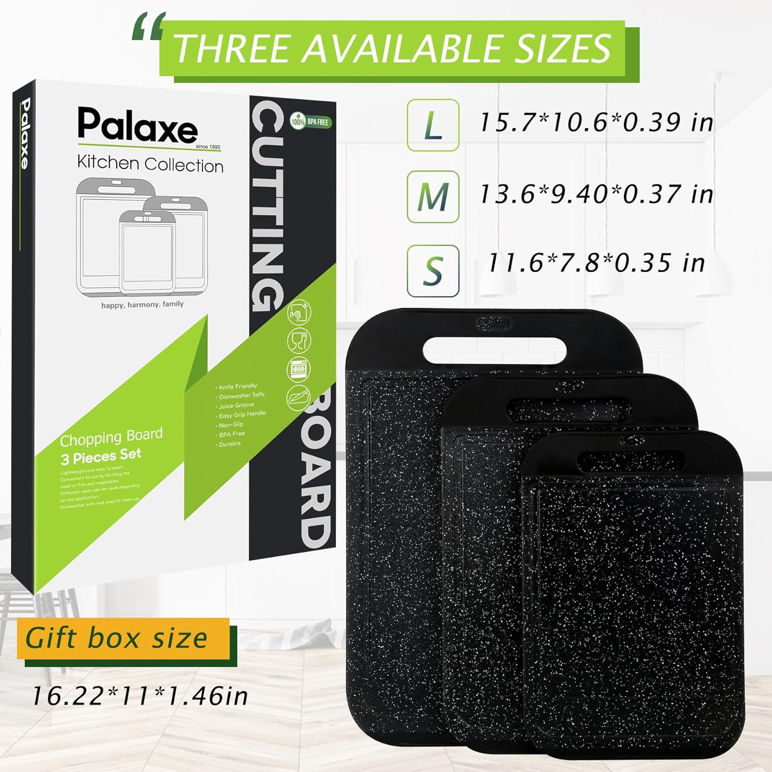 Palaxe Juego de 3 tablas de cortar de plástico para cocina, aptas para lavavajillas, con ranuras antideslizantes para jugos, mango de fácil agarre