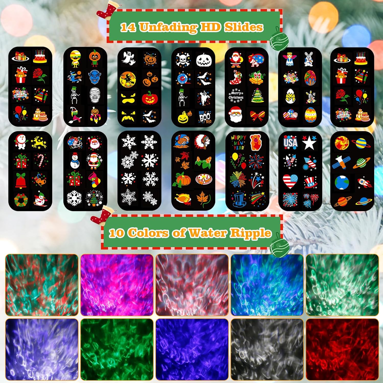 Proyector de luces de Navidad de Halloween para exteriores, 14 diapositivas HD (ondas oceánicas 3D + patrones), luces de paisaje, impermeables, para
