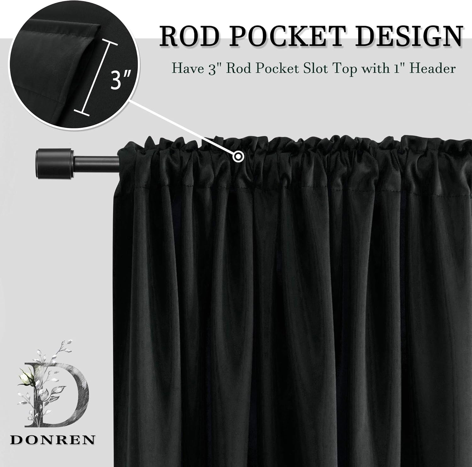DONREN Cenefas de cortina opacas de 18 pulgadas de largo para ventanas, 2 paneles de cenefas opacas para ventana de sótano con bolsillo para barra