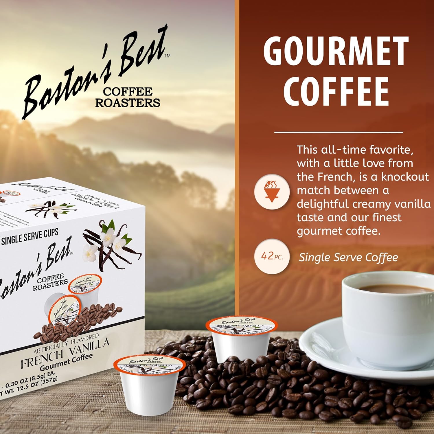 Boston’s Best Café gourmet  Café con sabor a vainilla francesa  tostado medio  Cápsulas de café de una sola porción, compatible con cafeteras Keurig