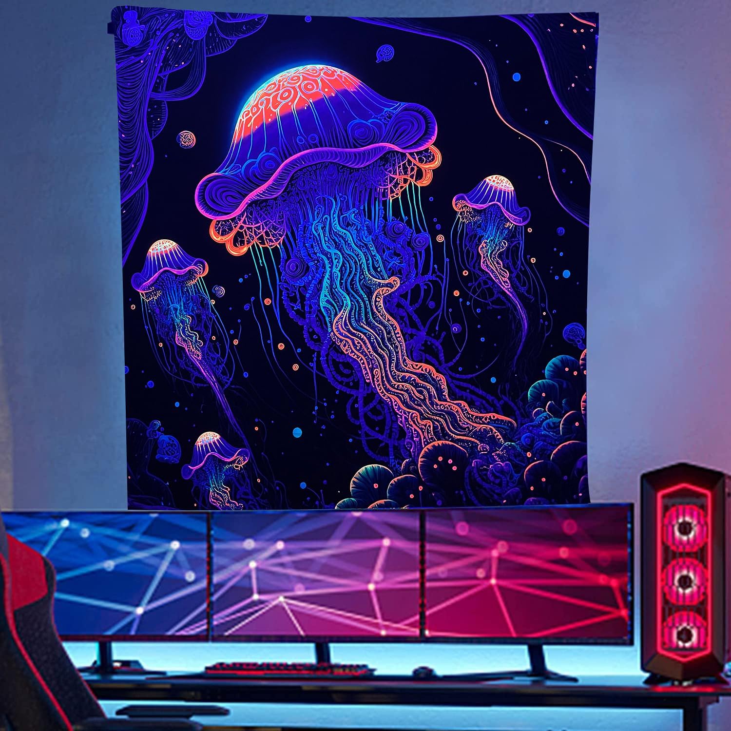 Dixutzi Tapiz de medusa de luz negra para colgar en la pared, tapiz de fantasía reactiva a los rayos UV para decoración de dormitorio, póster de luz