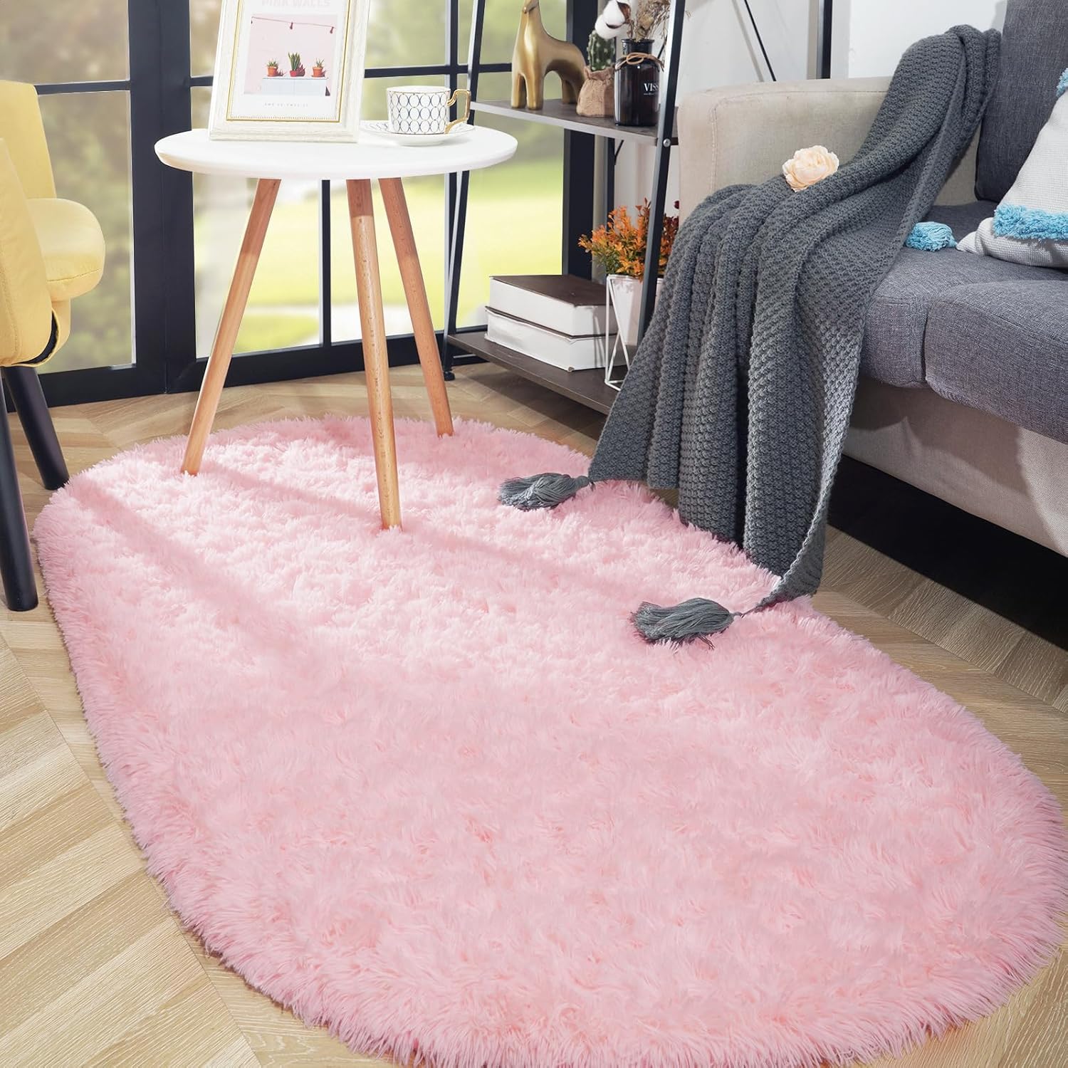 ISEAU Alfombra ovalada esponjosa, moderna alfombra de felpa lanuda para dormitorio de niños, extra cómoda, bonita alfombra de noche para habitación