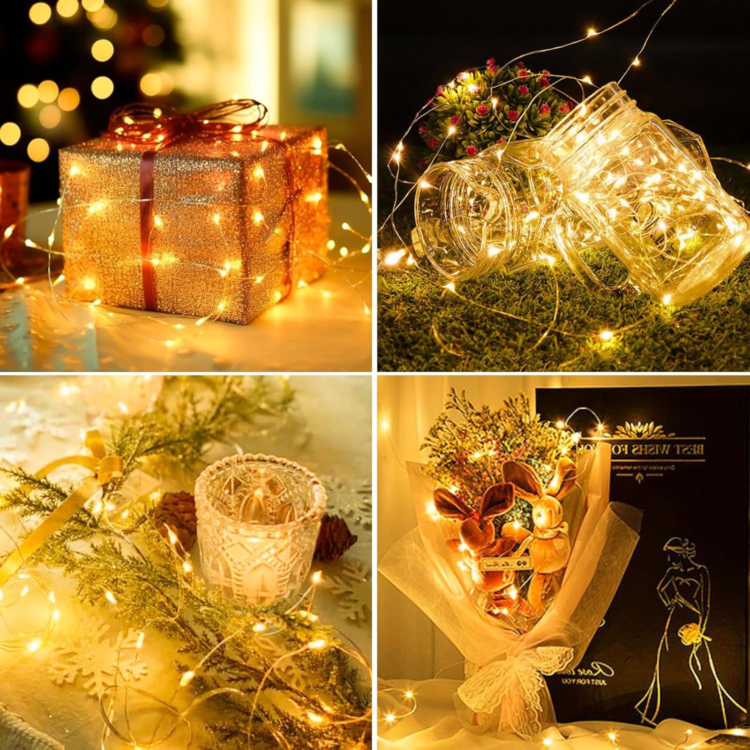 Paquete de 10 guirnalda de luces que funcionan con pilas, con temporizador, tira de 20 luces LED de 7 pies, impermeable, alambre plateado, funciona