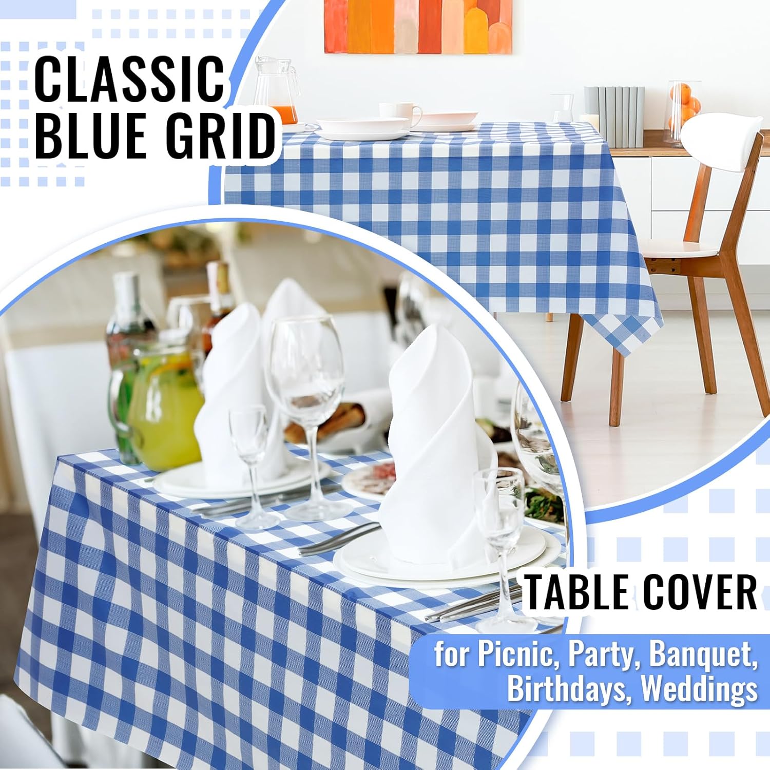 2 manteles de plástico a cuadros azules y blancos de 54 x 100 pies, mantel desechable en rollo con caja autocortadora para interiores y exteriores
