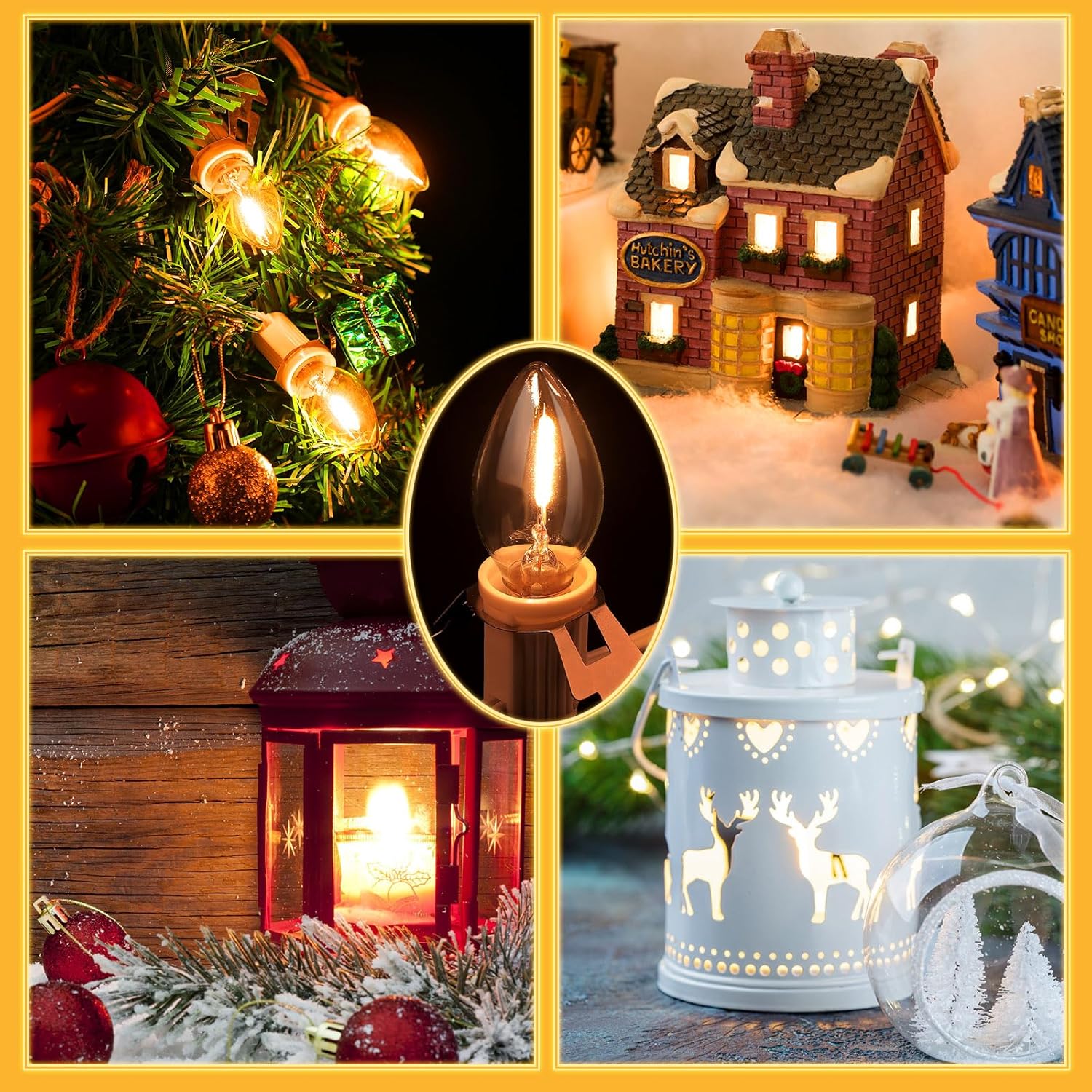 Saillong Paquete de 4 bombillas de luz de cable para casa de pueblo navideño, 6 LED C7, kit de luz de modo de soplado de Navidad, repuesto con