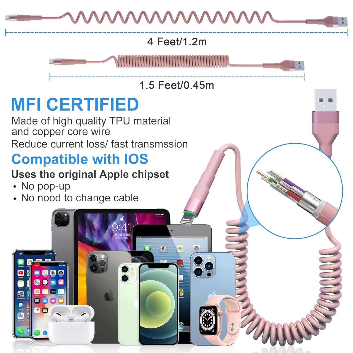 Cable Lightning en espiral para Apple Carplay, paquete de 2 cables de carga de iPhone para automóvil, certificado Apple MFi, cargador retráctil para