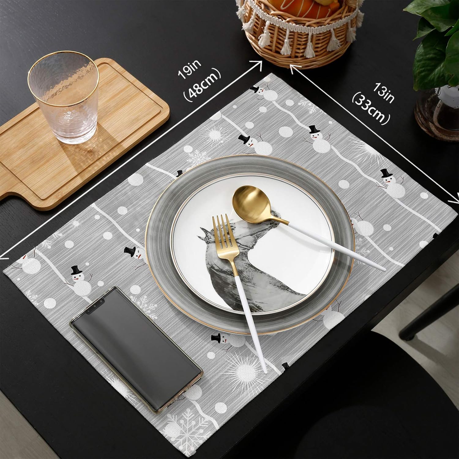 Mantel individual de invierno para mesa de comedor, juego de 4 manteles individuales de algodón y lino impermeable, mantel individual de copo de