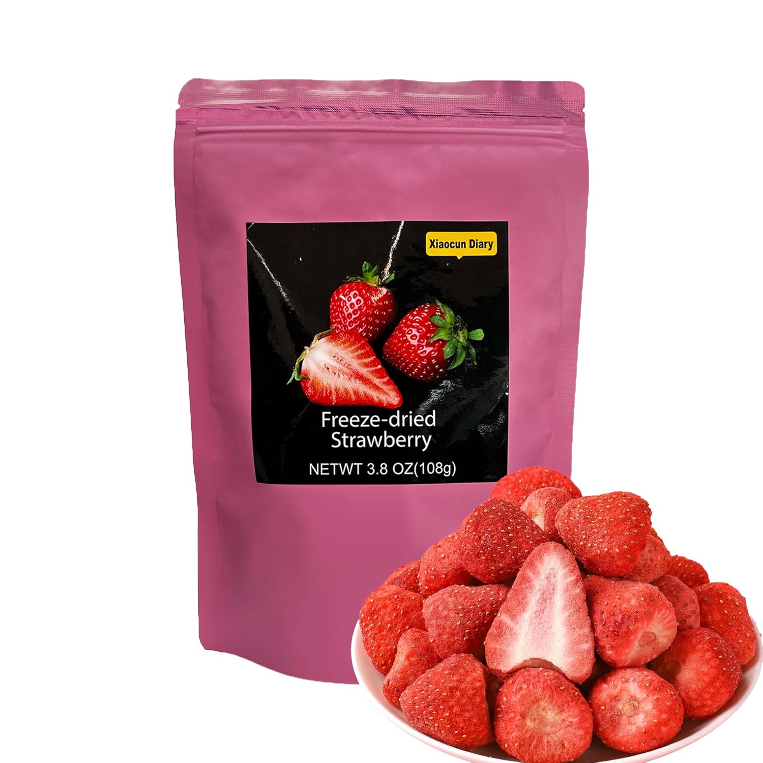 Xiaocun Diary, Bocadillos de frutas de fresa, fritas liofilizadas en bolsa resellable, 100% fruta entera de sabor original natural, paquete de 3.8
