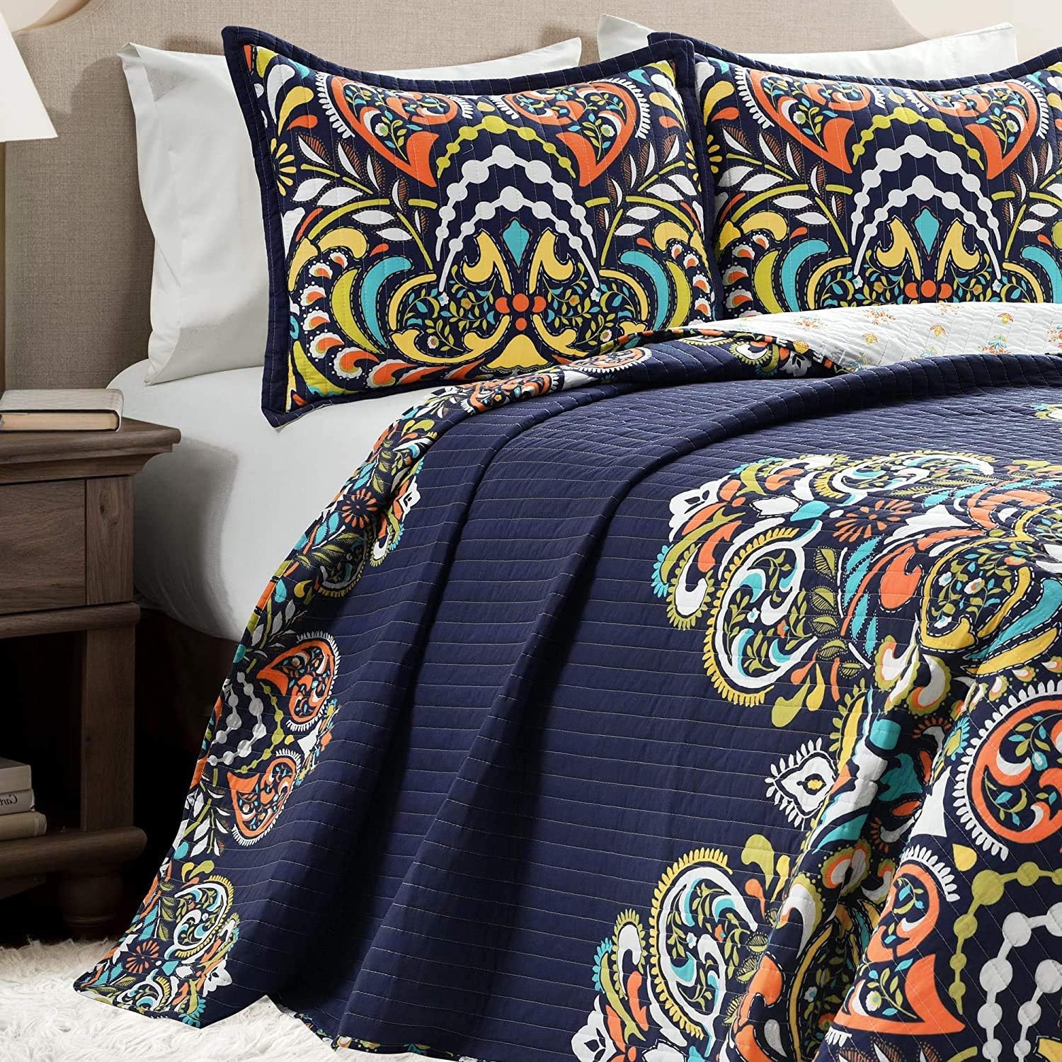 Lush Decor Clara – Juego de edredón de 3 piezas, Marino, Full Queen