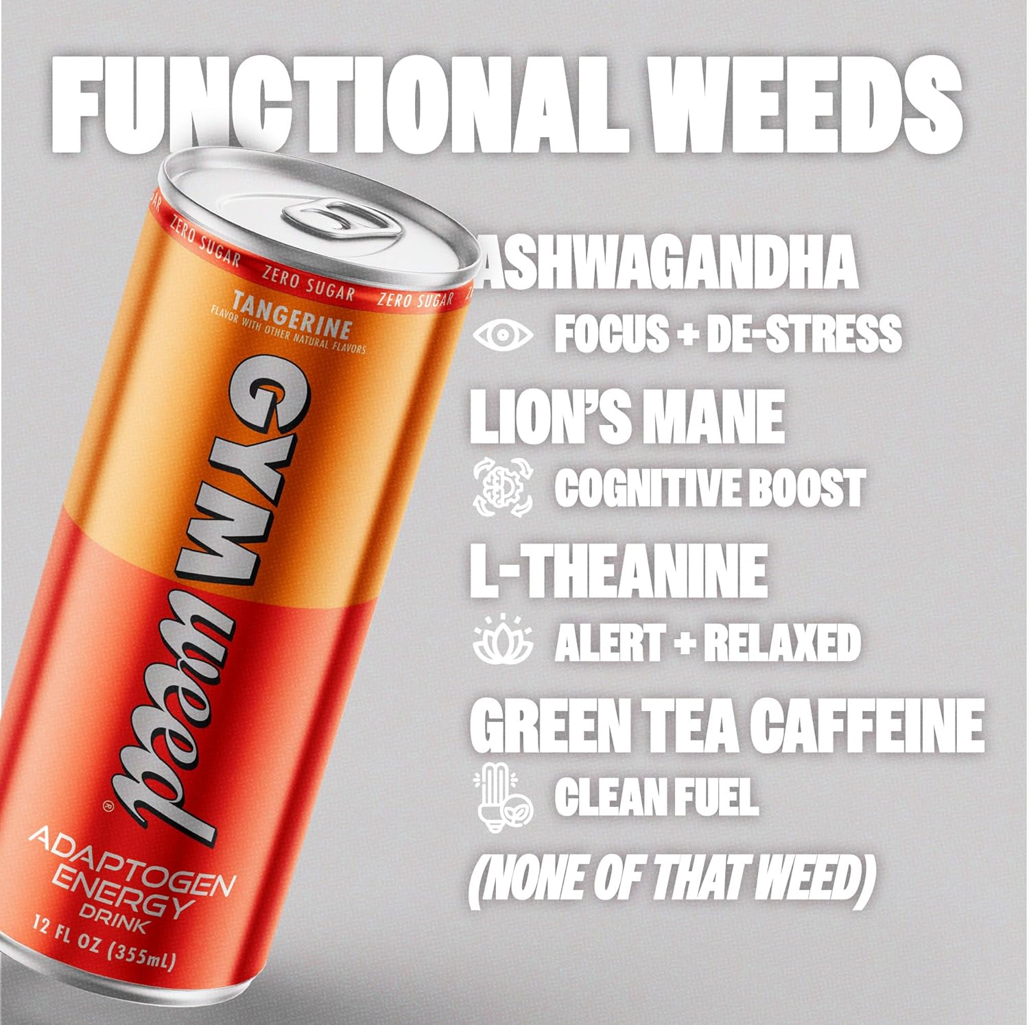 GYM WEED Adaptogen – Bebida energética, piña y pera (paquete de 12), bebida adaptogénica con cero azúcar, Ashwagandha, melena de león, cafeína y