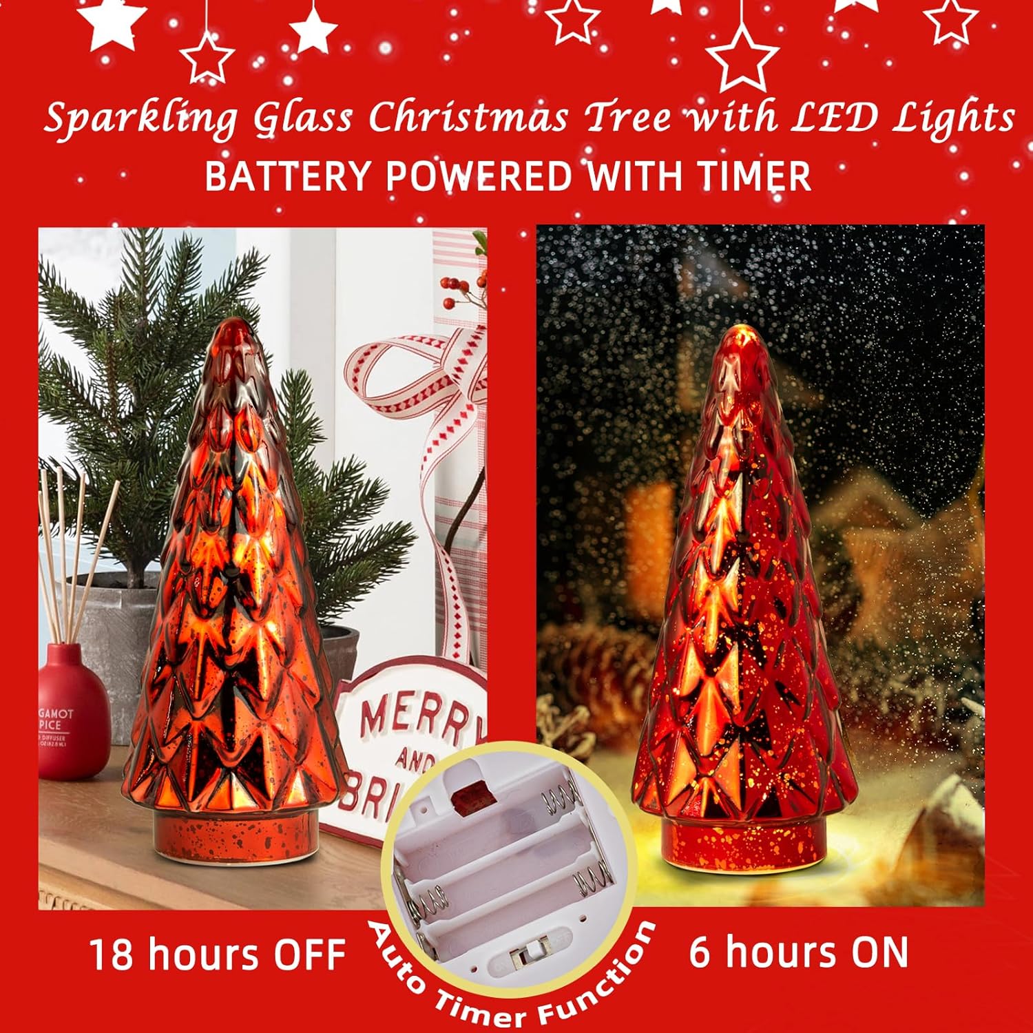 Árbol de Navidad de vidrio de mercurio, paquete de 2 decoraciones iluminadas para árbol de Navidad, centro de mesa de vacaciones, funciona con pilas