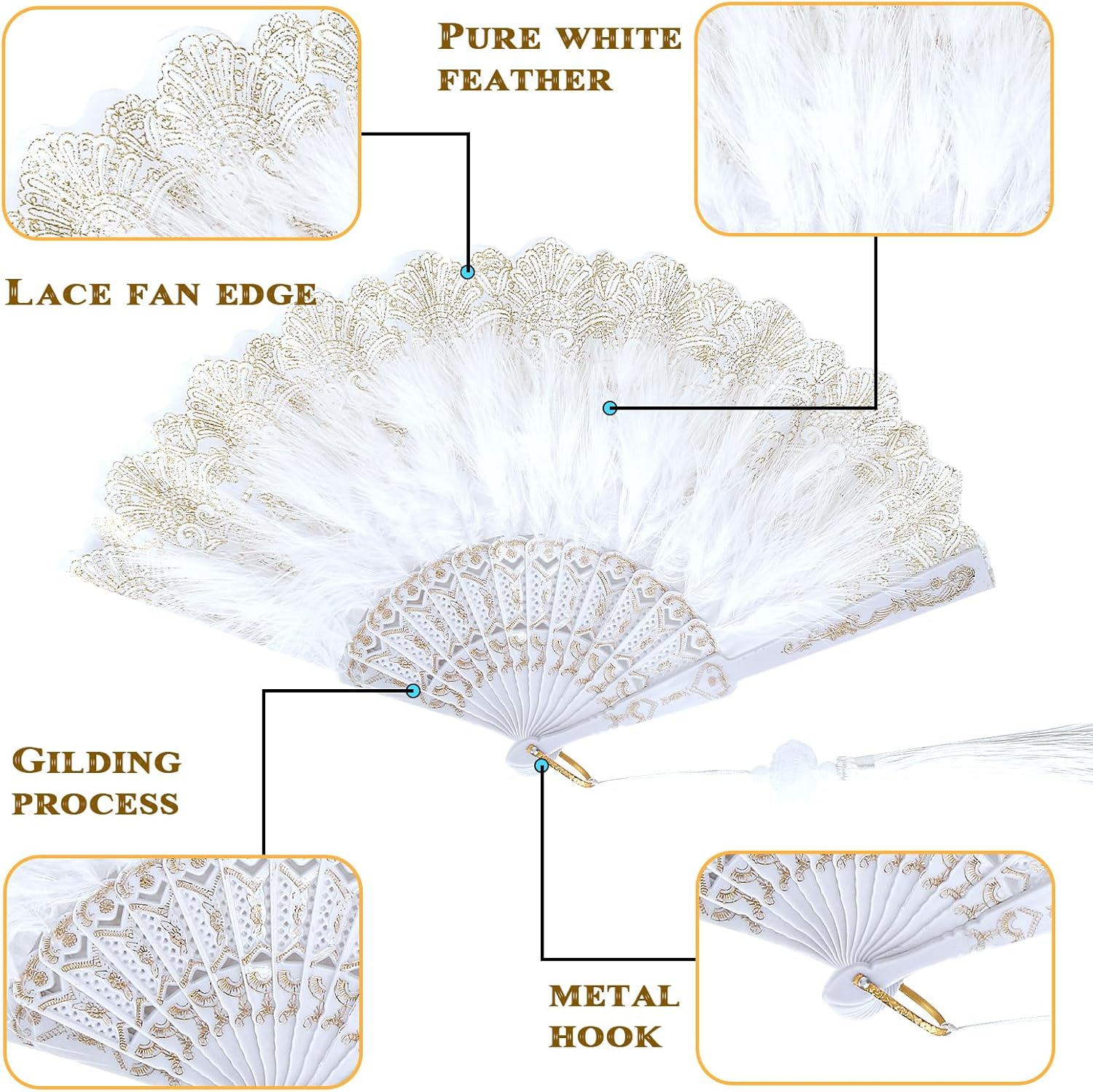 Abanico de mano de plumas bordado, flor de marabú, abanico de plumas de los años 20, ventilador de mano plegable, ventilador de mano drag queen para