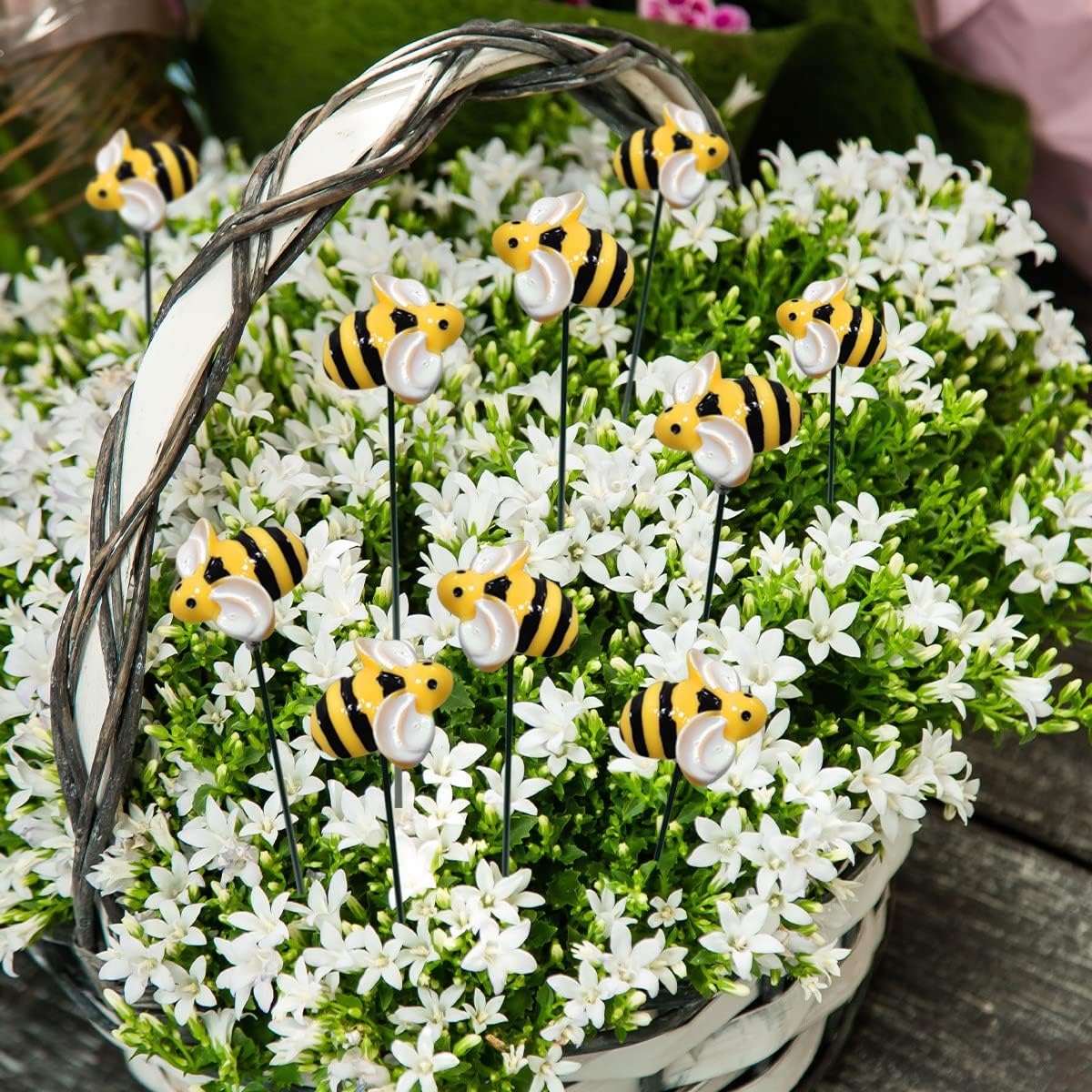 10 piezas de estacas de jardín de abejas decoración de metal para patio delantero, palillos florales de resina para primavera y verano, abejorros,