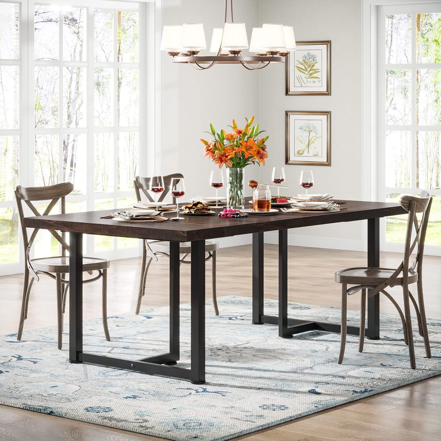 Tribesigns Mesa de comedor para 6 personas, mesa de cocina de granja para comedor, mesa rectangular industrial con patas de acero, marco de metal,