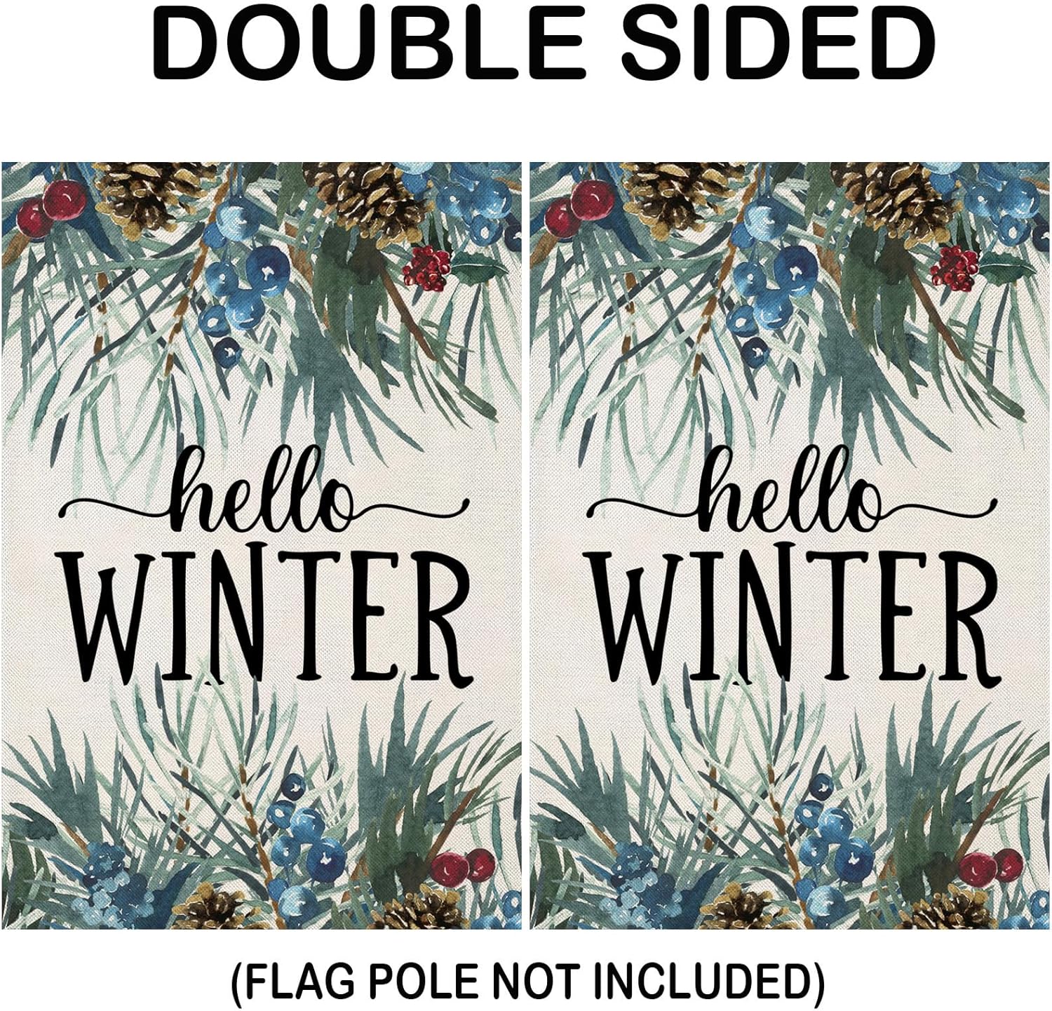 EKOREST Banderas verticales de jardín de 12 x 18 pulgadas con texto en inglés Hello Winter de doble cara, ramitas de pino para exteriores,