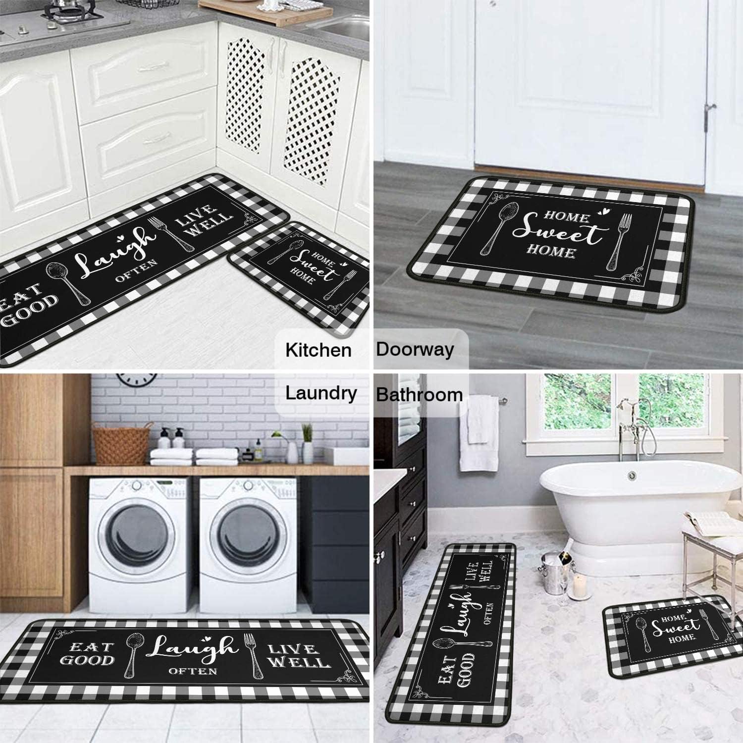 Juego de 2 alfombras de cocina a cuadros blancos y negros, antideslizantes, lavables, absorbentes, de microfibra, para el suelo, 17 x 47 + 17 x 30