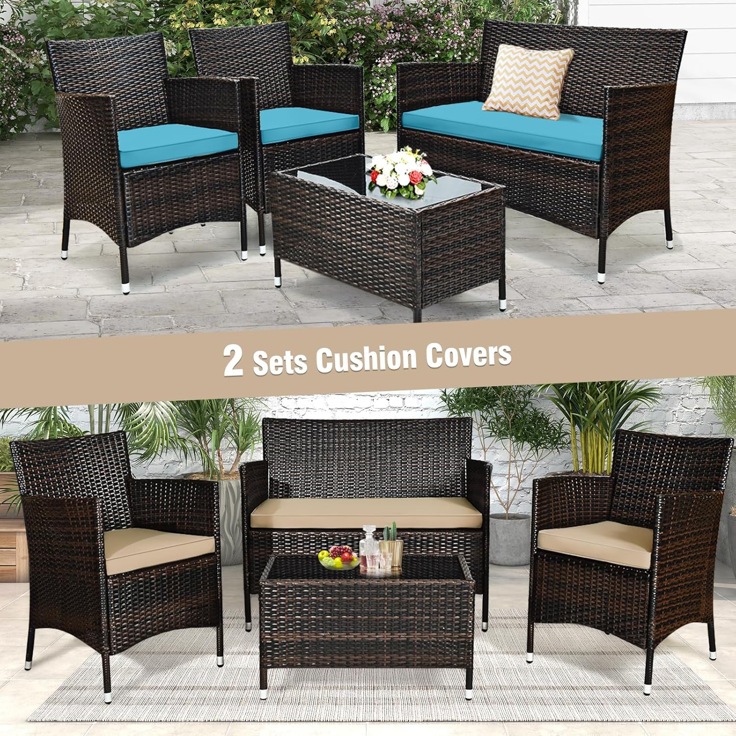 Juego de sofá de patio de 4 piezas, juego de conversación de mimbre con respaldo curvado ergonómico, juego de muebles de ratán para patio con cojín