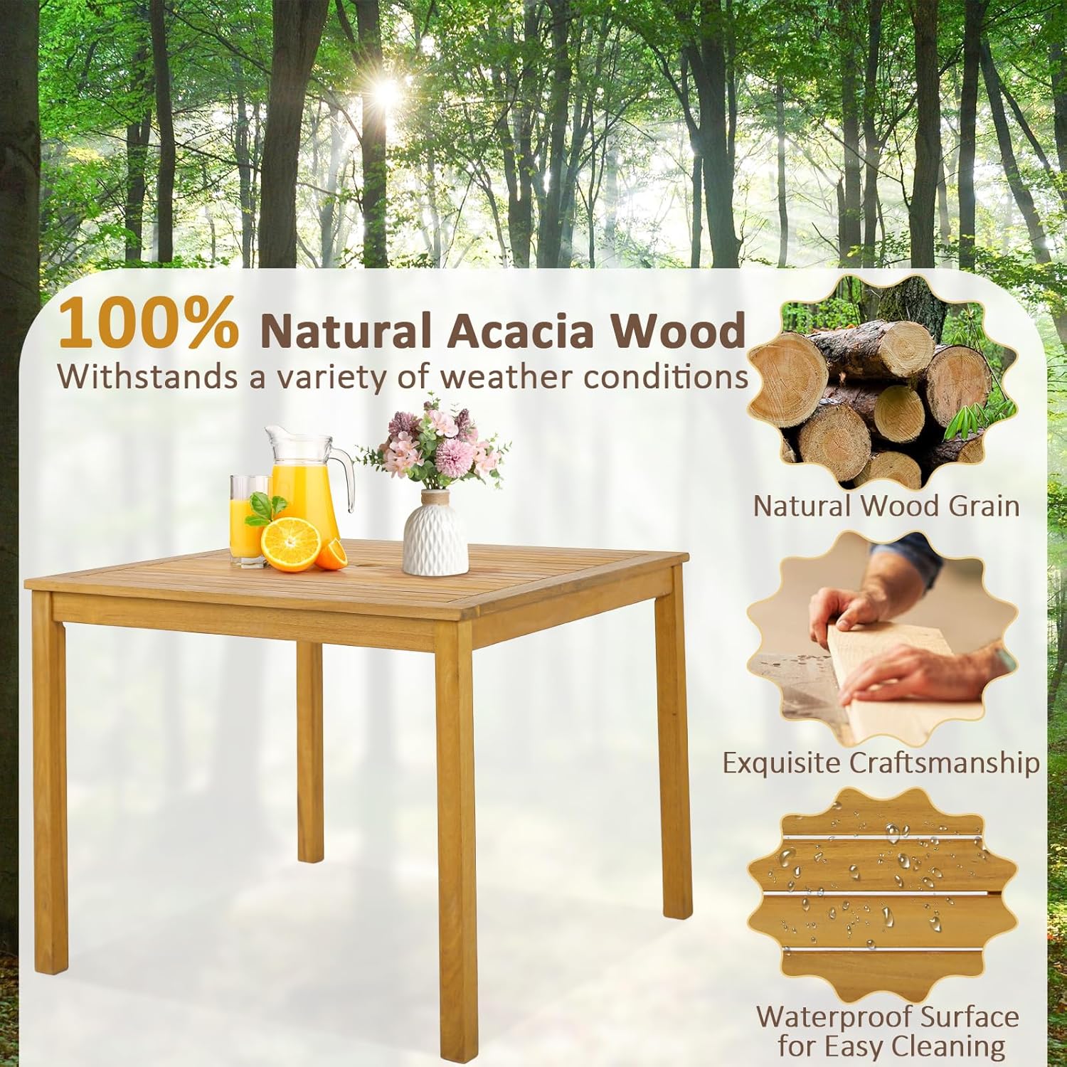 Tangkula Mesa de comedor cuadrada para exteriores, mesa de comedor de madera de acacia para 4 personas con agujero para sombrilla de 1.9 pulgadas,