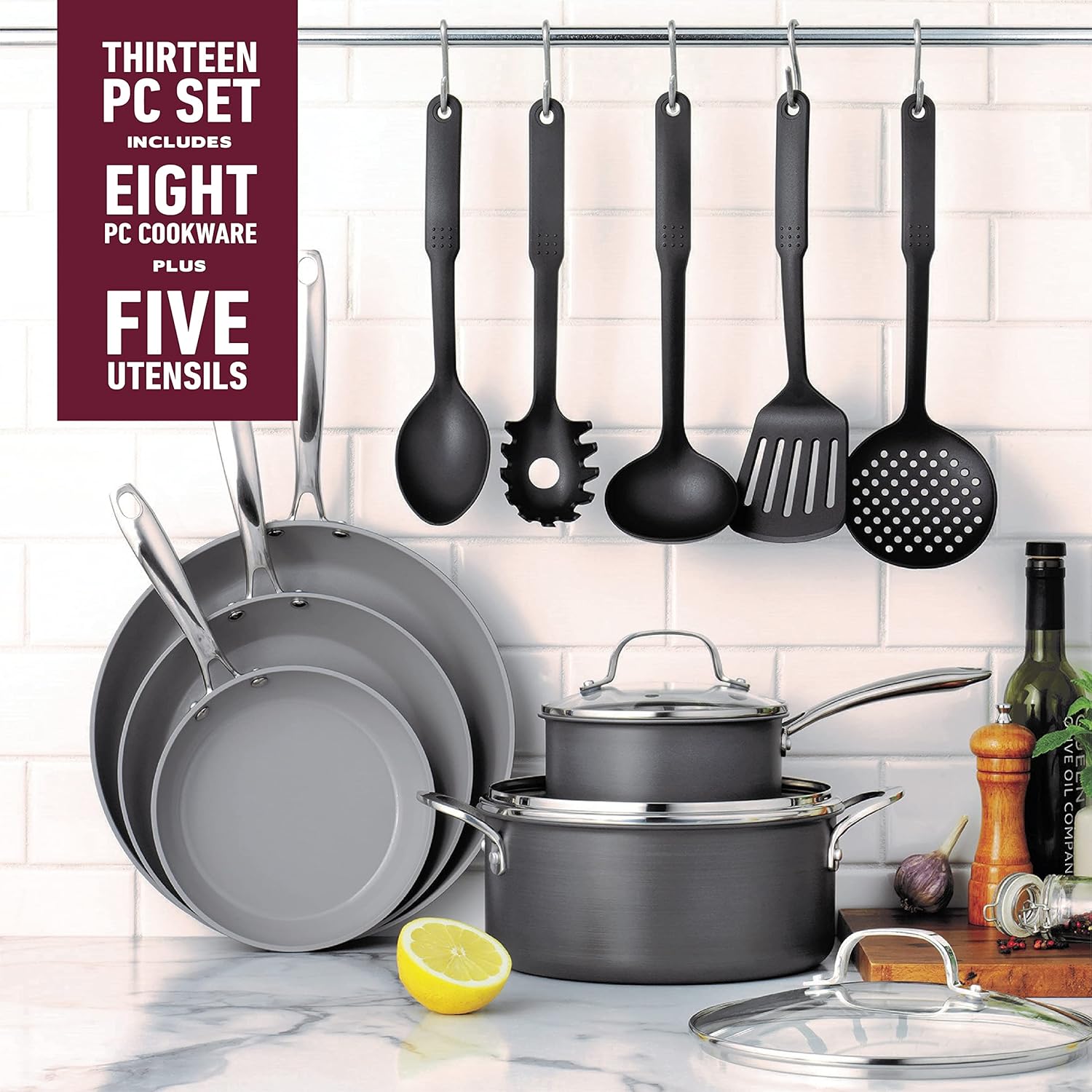 Granitestone Pro – Juego de ollas y sartenes de 8 piezas anodizadas duras de primera calidad  + juego de utensilios de cocina de 5 piezas  con