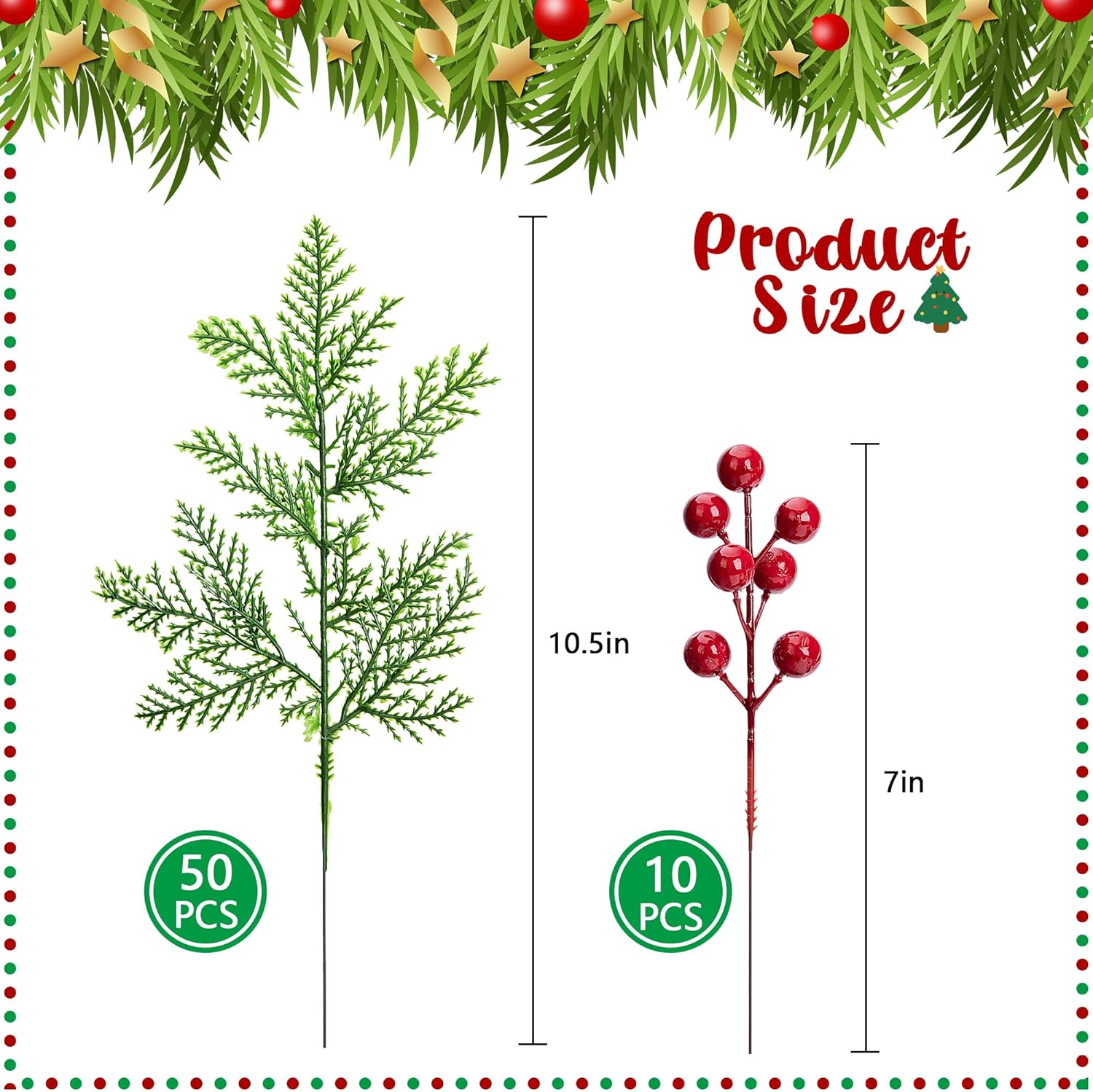 Watayo 50 ramas de pino artificiales de Navidad con 10 tallos artificiales de bayas rojas, ramas de hojas de pino de hoja perenne de bayas rojas,